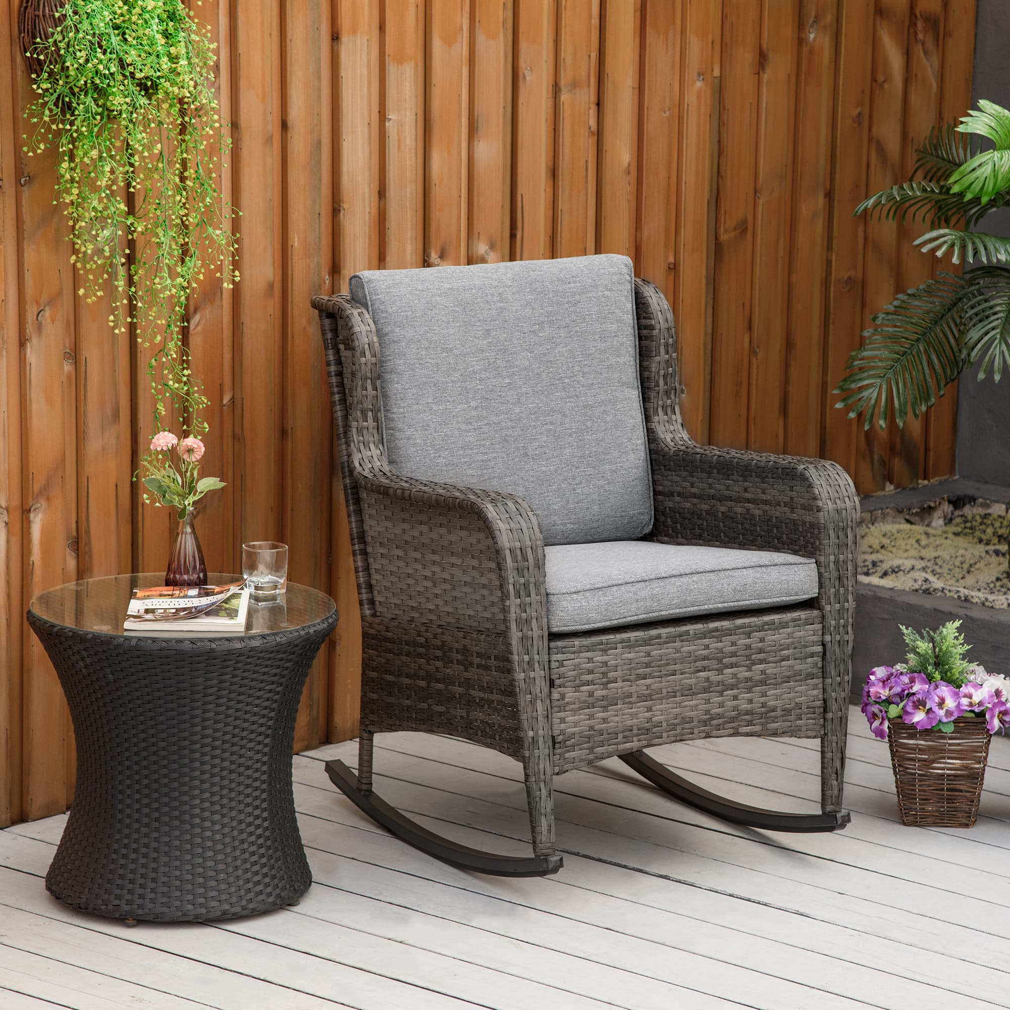 Outsunny Outdoor Wicker Rocking Chair, PE Rattan Porch Rocker with Cushions, Grey | Aosom Canada