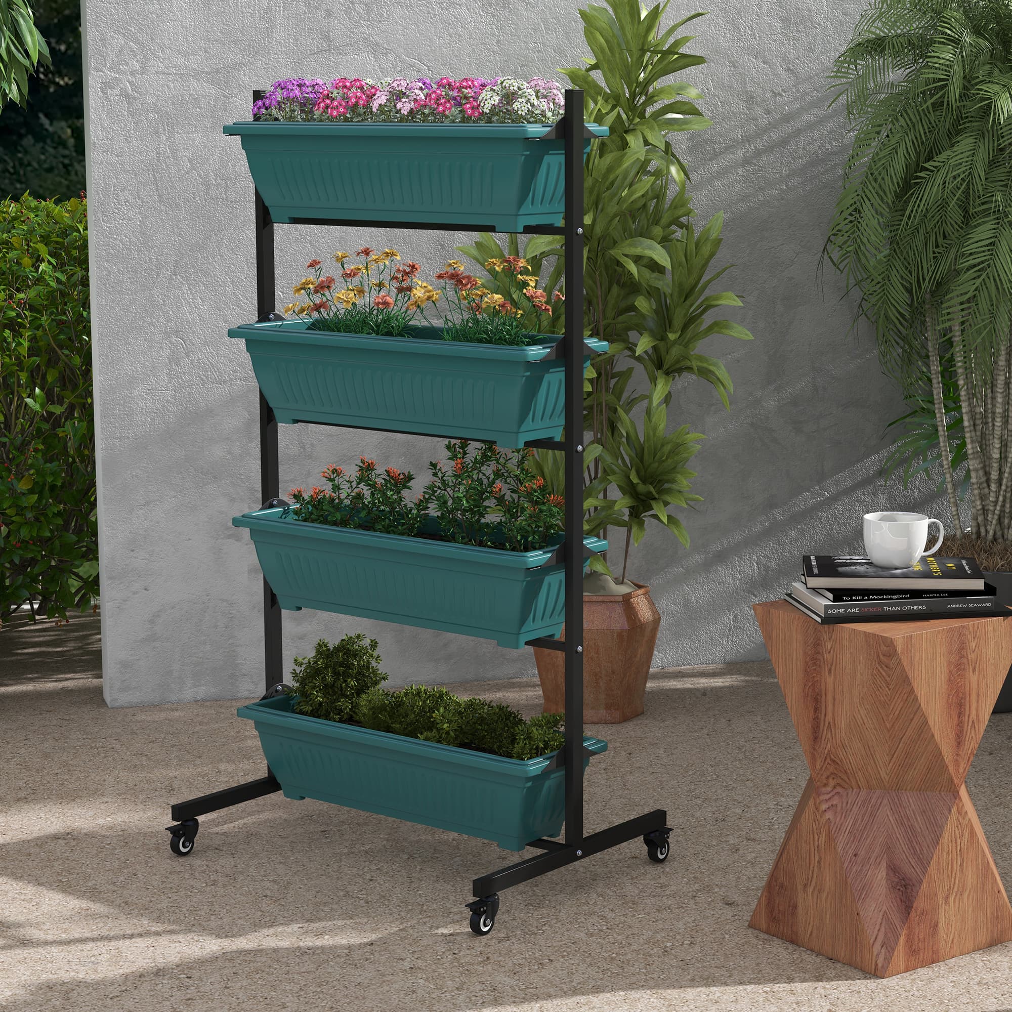 Outsunny Mobile 4-Tier Vertical Garden Planter with Wheels 4 Planting Boxes for Vegetables Flowers Green Outdoor Stand | Aosom Canada