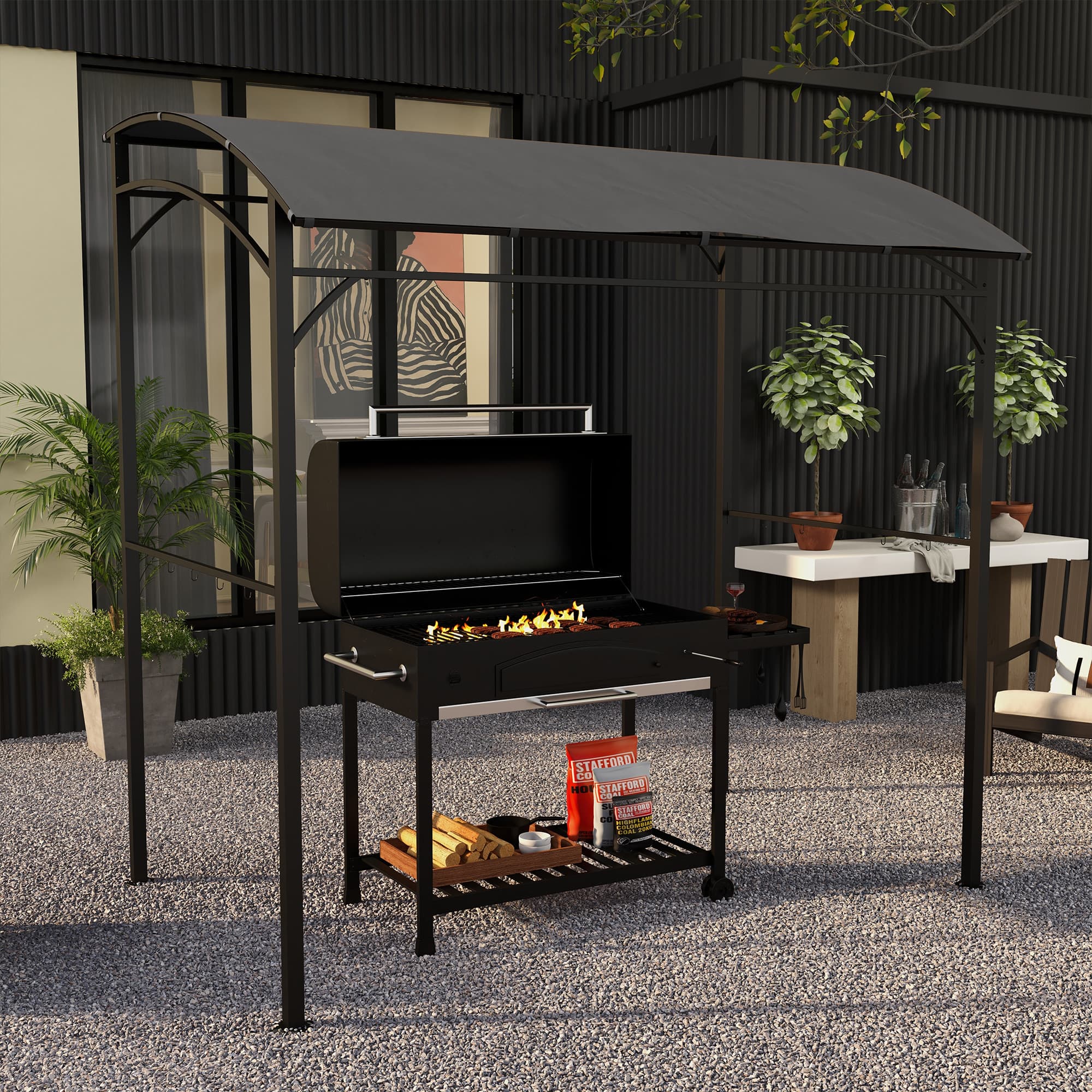 Outsunny BBQ Grill Gazebo 7x5 ft Steel Frame Garden Canopy Tent Charcoal Grey with Hooks Outdoor Sun Shade | Aosom Canada