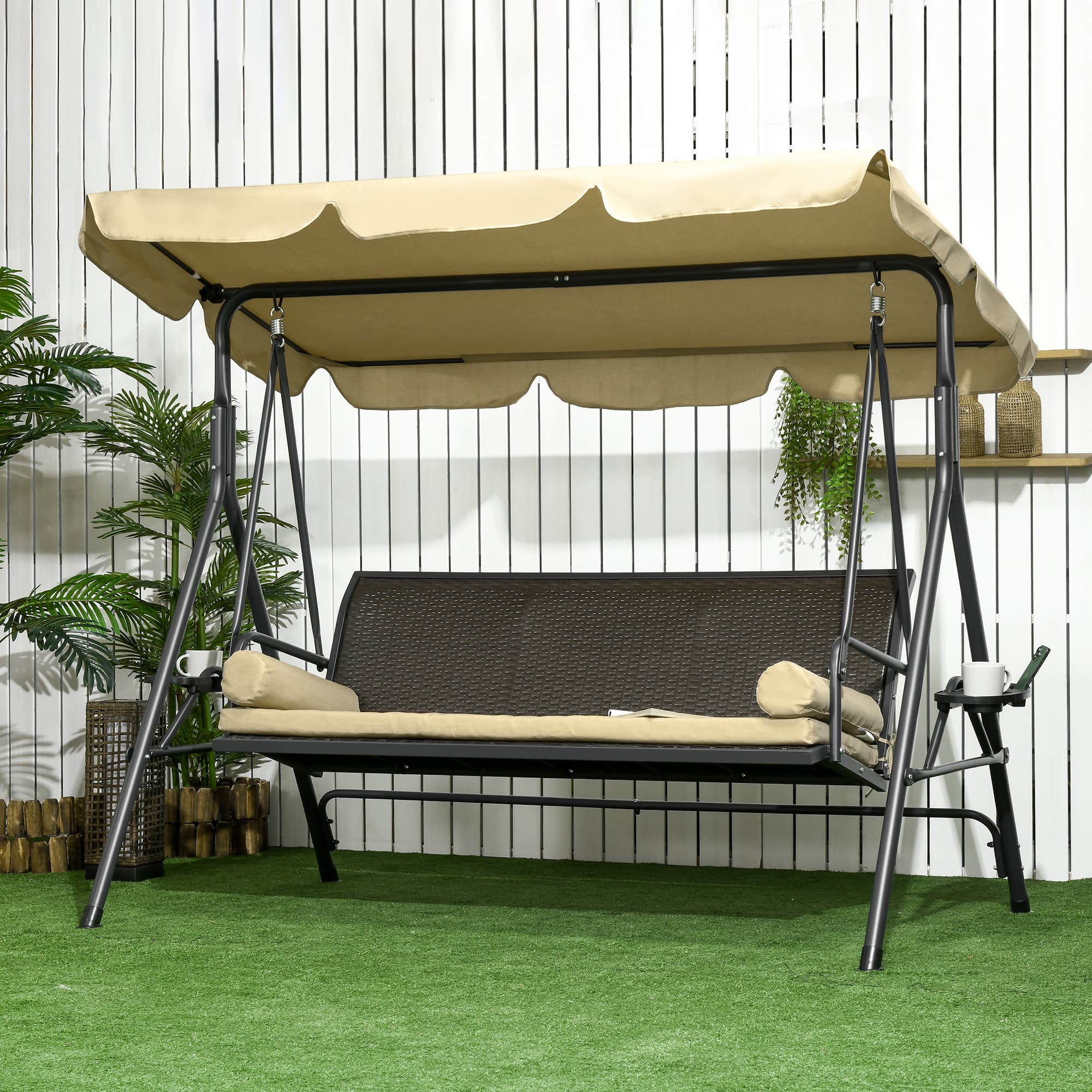 Outsunny Outdoor 3-Seat Porch Swing with Canopy: Rattan Seat, Removable Cushion, Pillows, Steel Frame for Patio Comfort | Aosom Canada