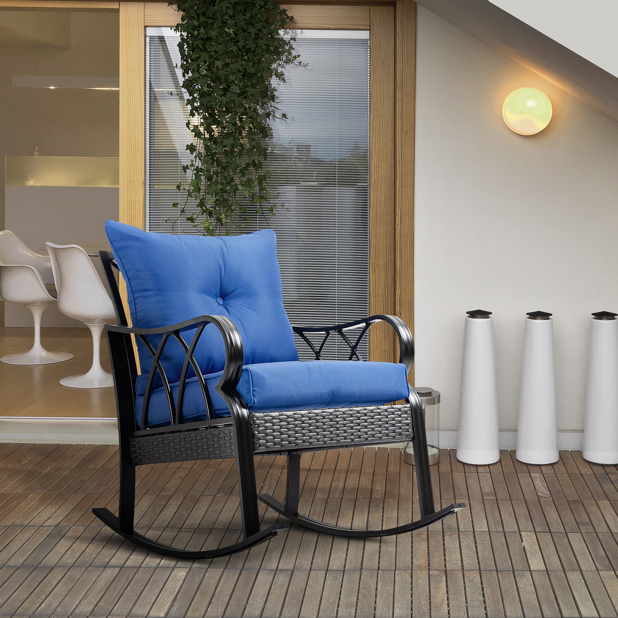 Outsunny Aluminum Wicker Rocking Chair Outdoor with Padded Cushions Garden Patio Backyard Blue | Aosom Canada