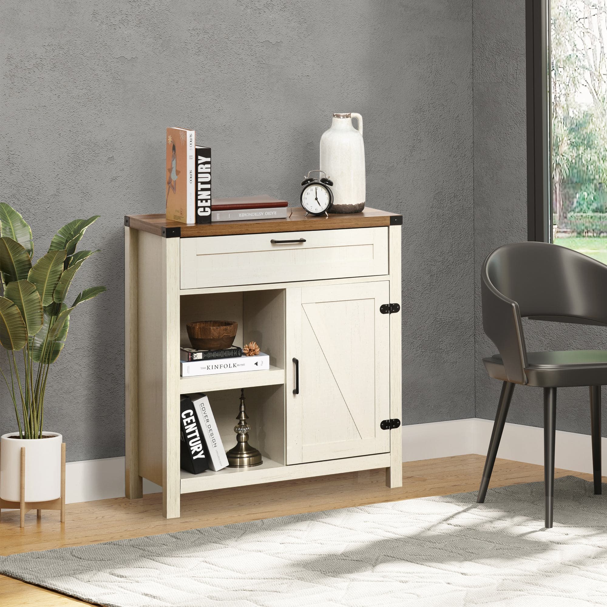 HOMCOM Rustic White Barn Door Cabinet: Modern Farmhouse Buffet Sideboard for Kitchen and Dining Room, White Finish | Aosom Canada