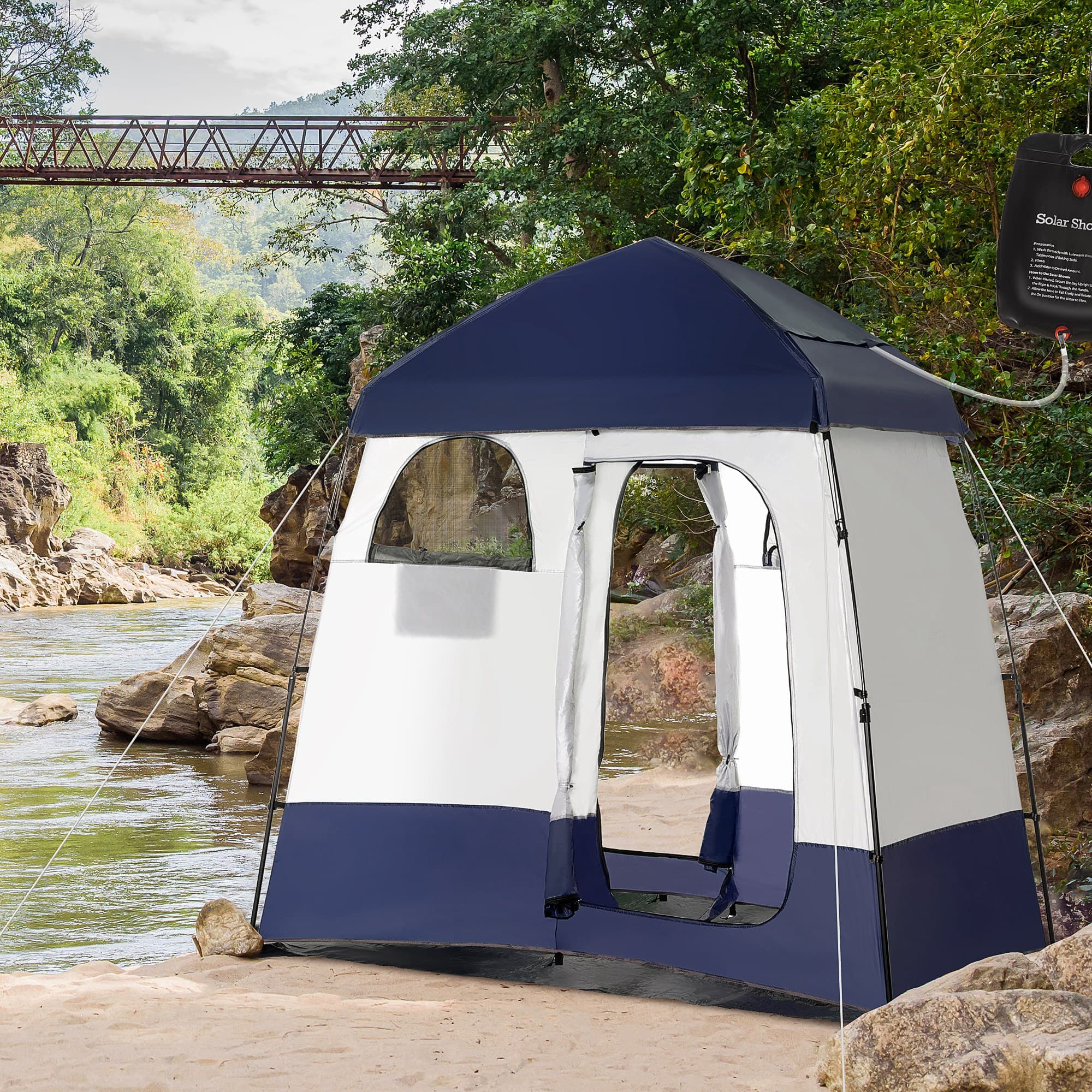 Outsunny Outdoor Portable Pop Up Shower Tent Changing Tent Privacy Enclosure with 2 Rooms Shower Bag Floor for Camping Blue | Aosom Canada