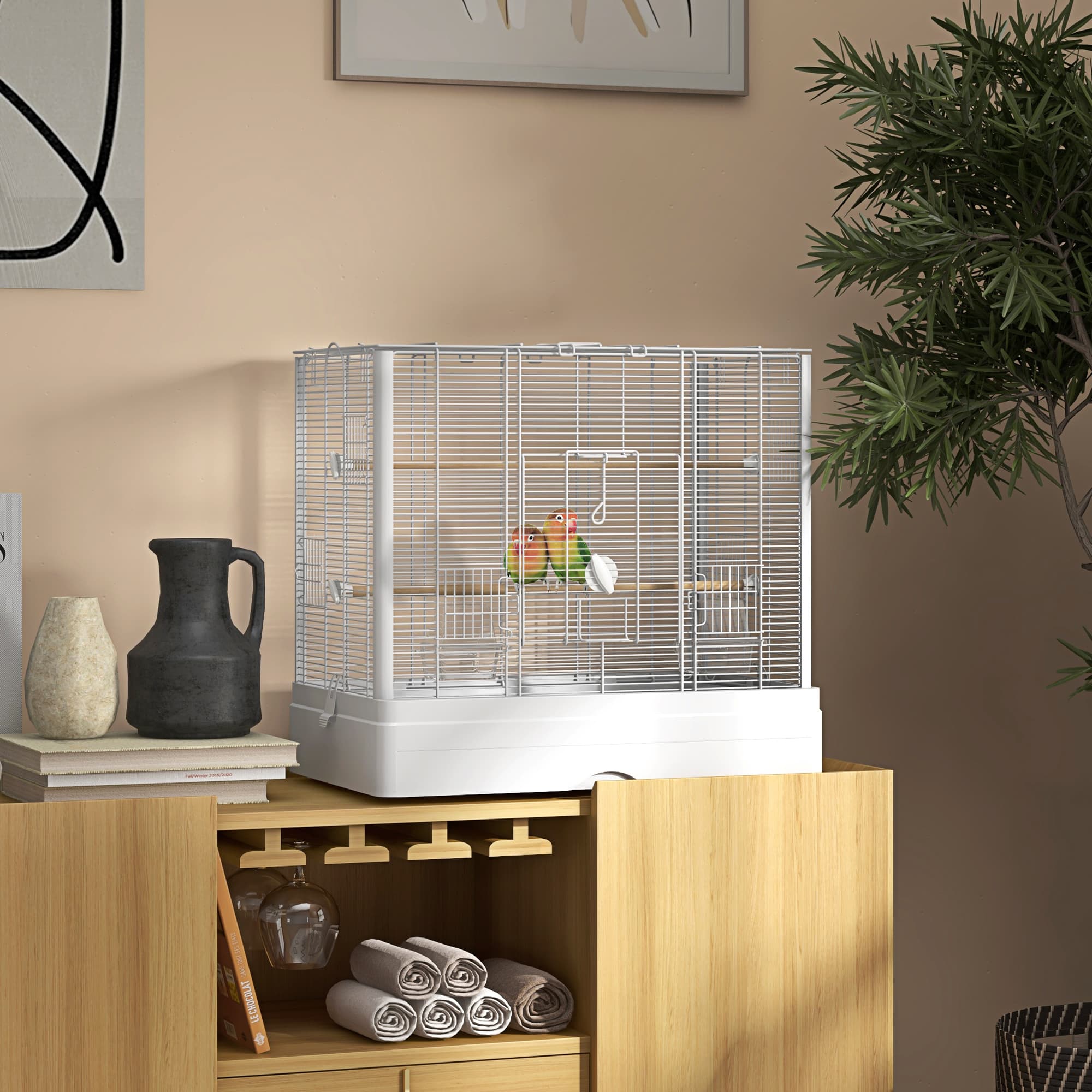 PawHut 22" Bird Cage for Budgie Finches Canaries Love Birds with Wooden Stands Slide-Out Tray Handles Food Containers White | Aosom Canada
