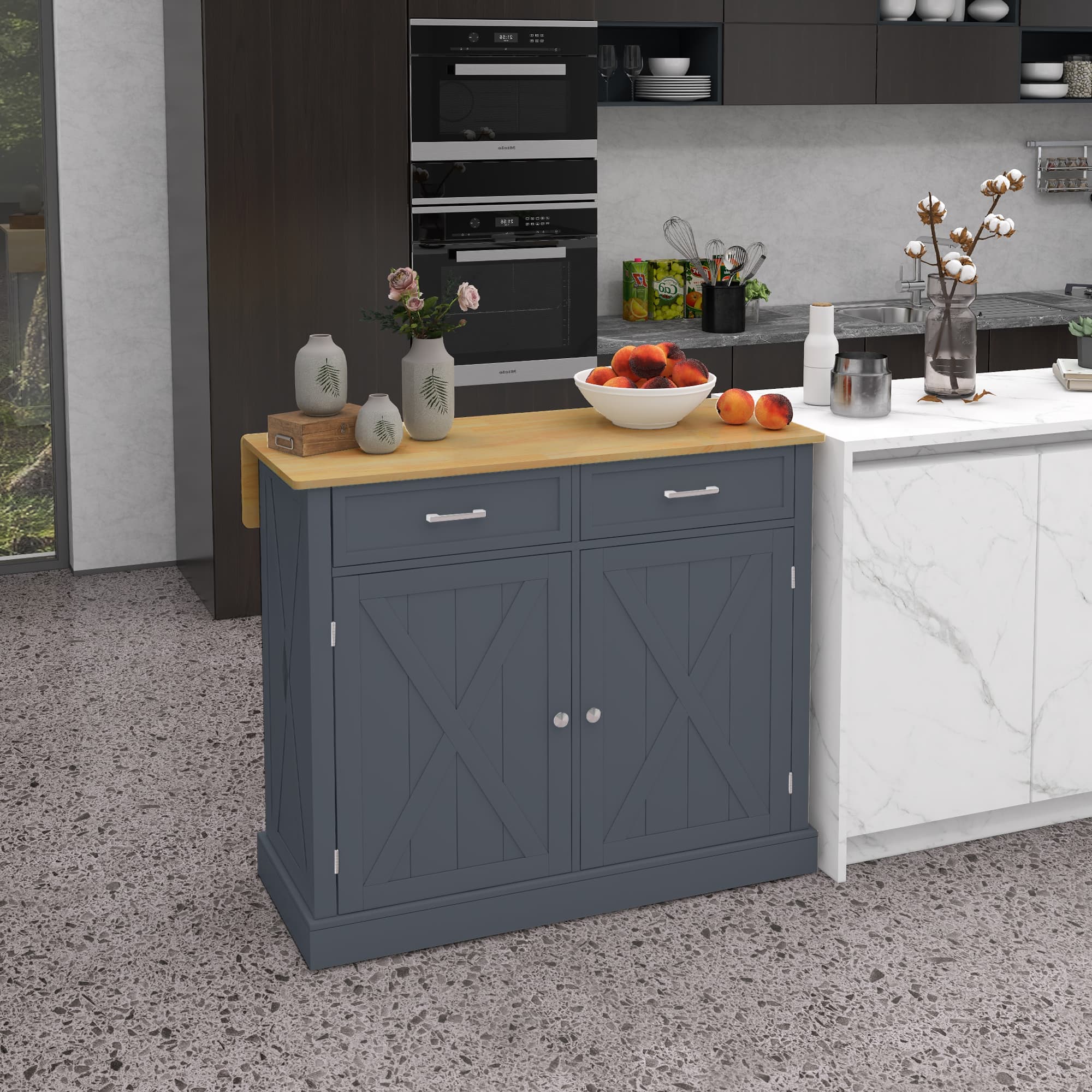 HOMCOM Slate Grey Galley Genius: Rubberwood Kitchen Island with Beadboard, Rolling Cart, 2 Drawers, Adjustable Shelves for Storage | Aosom Canada