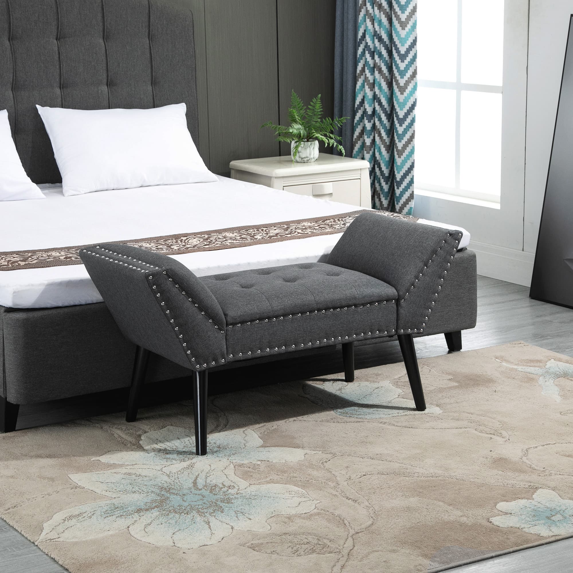 HOMCOM Upholstered Bedroom Bench: Nailhead Trim Hallway Bench with Arms in Modern Accent Design | Aosom Canada