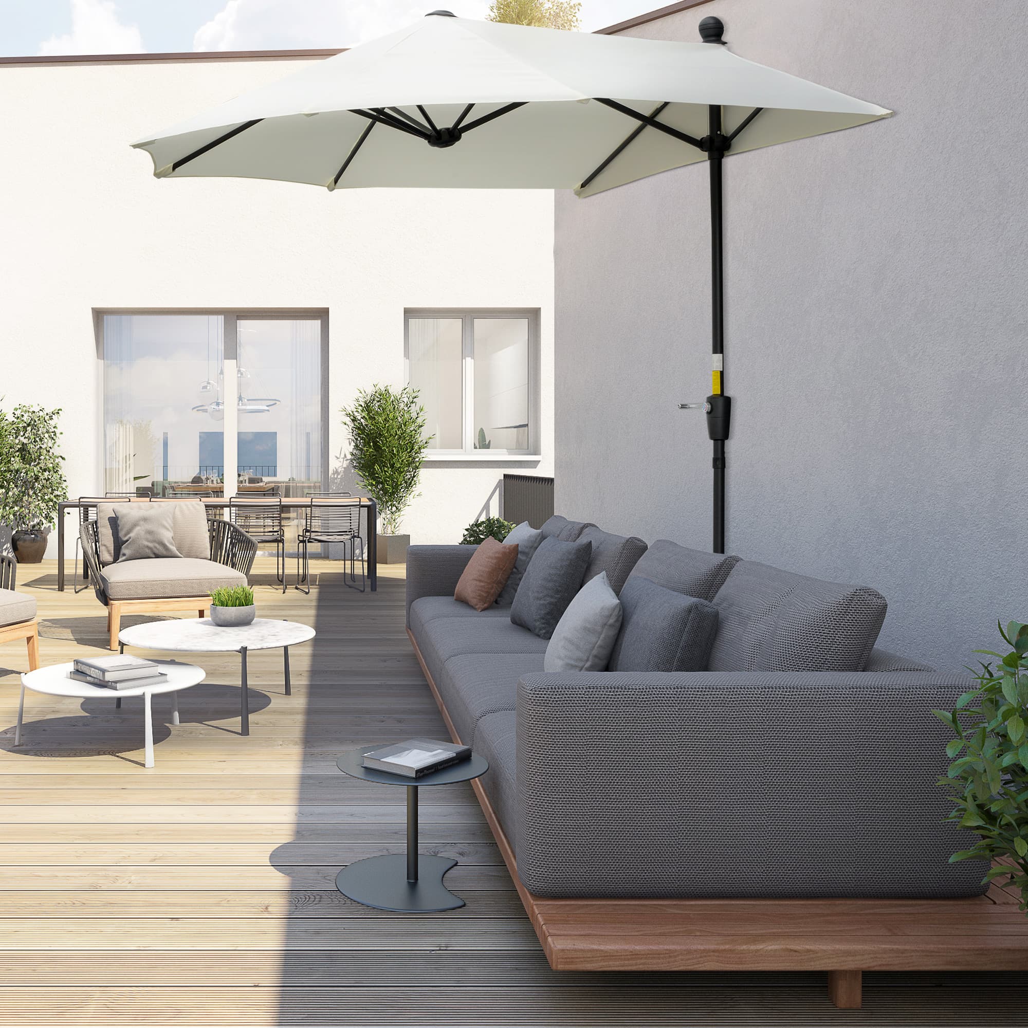 Outsunny Half Patio Umbrella 6.6x6ft with Double-Sided Canopy, Crank Handle, Base - Ideal for Garden, Balcony in Cream | Aosom Canada