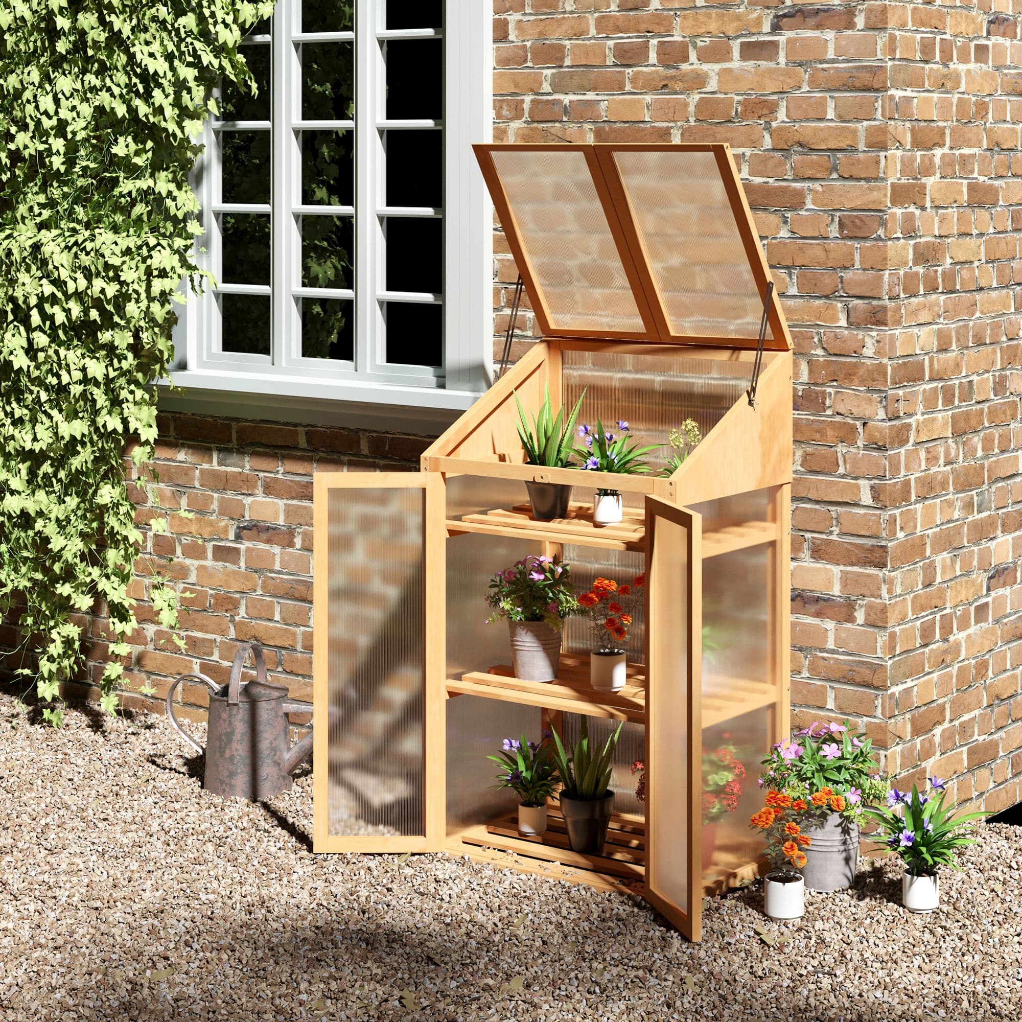 Outsunny 27.5"x19.75"x47.25" Wooden Cold Frame Greenhouse Raised Planter Bed Protection Openable Top 3 Shelves Brown | Aosom Canada