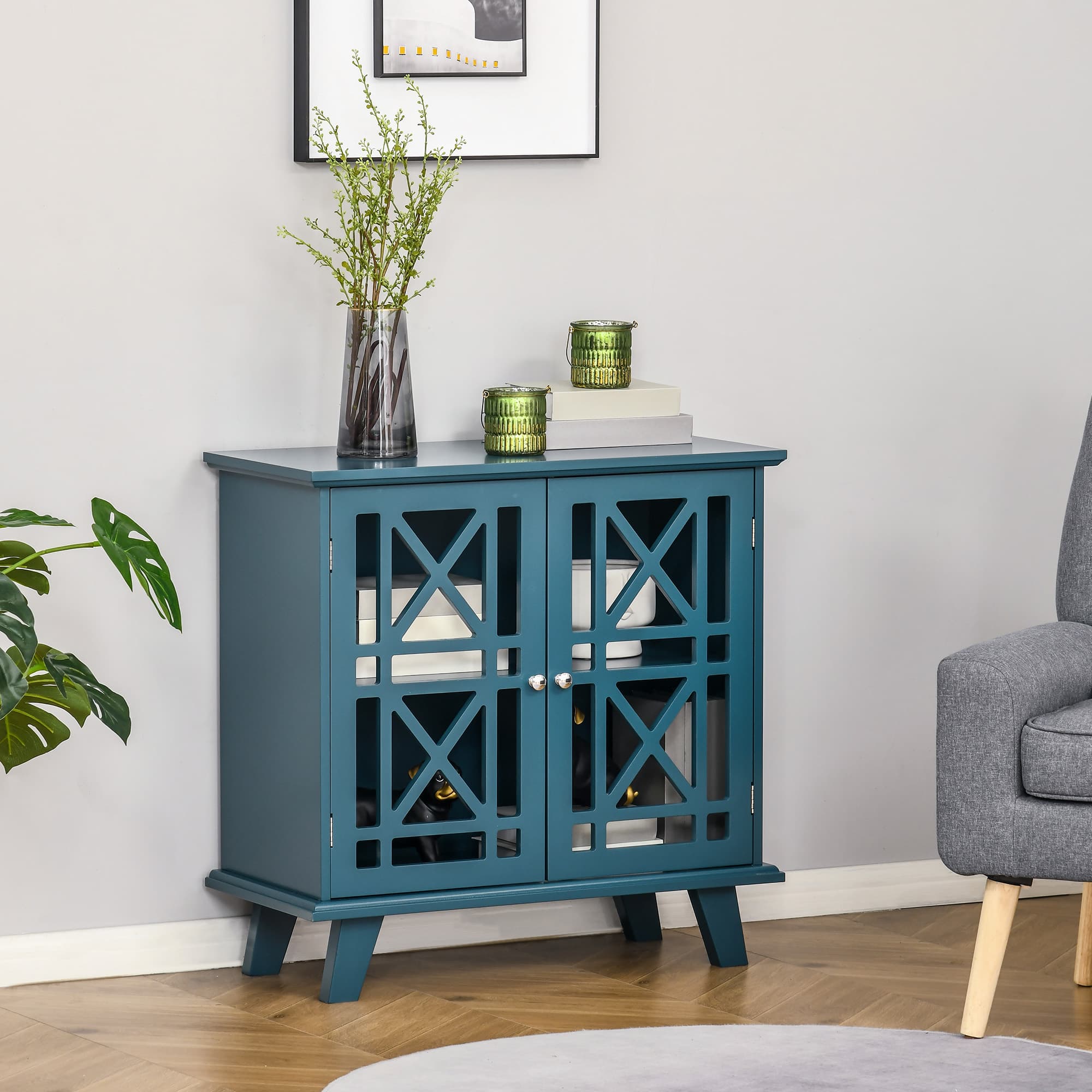 HOMCOM Modern Blue Cabinet: Fretwork Doors, Shelf, Freestanding Sideboard Buffet for Dining, Living Room Decor | Aosom Canada