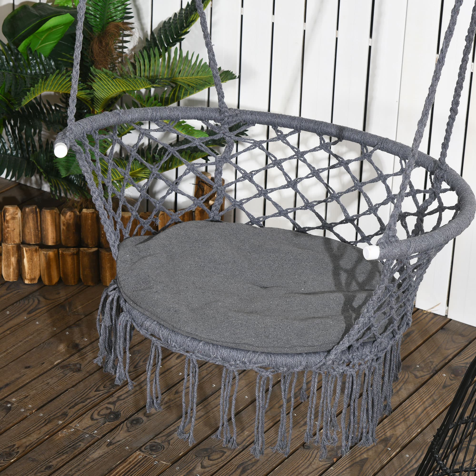Outsunny Cotton Rope Hanging Hammock Chair Porch Swing with Metal Frame and Cushion Comfortable Dark Grey | Aosom Canada