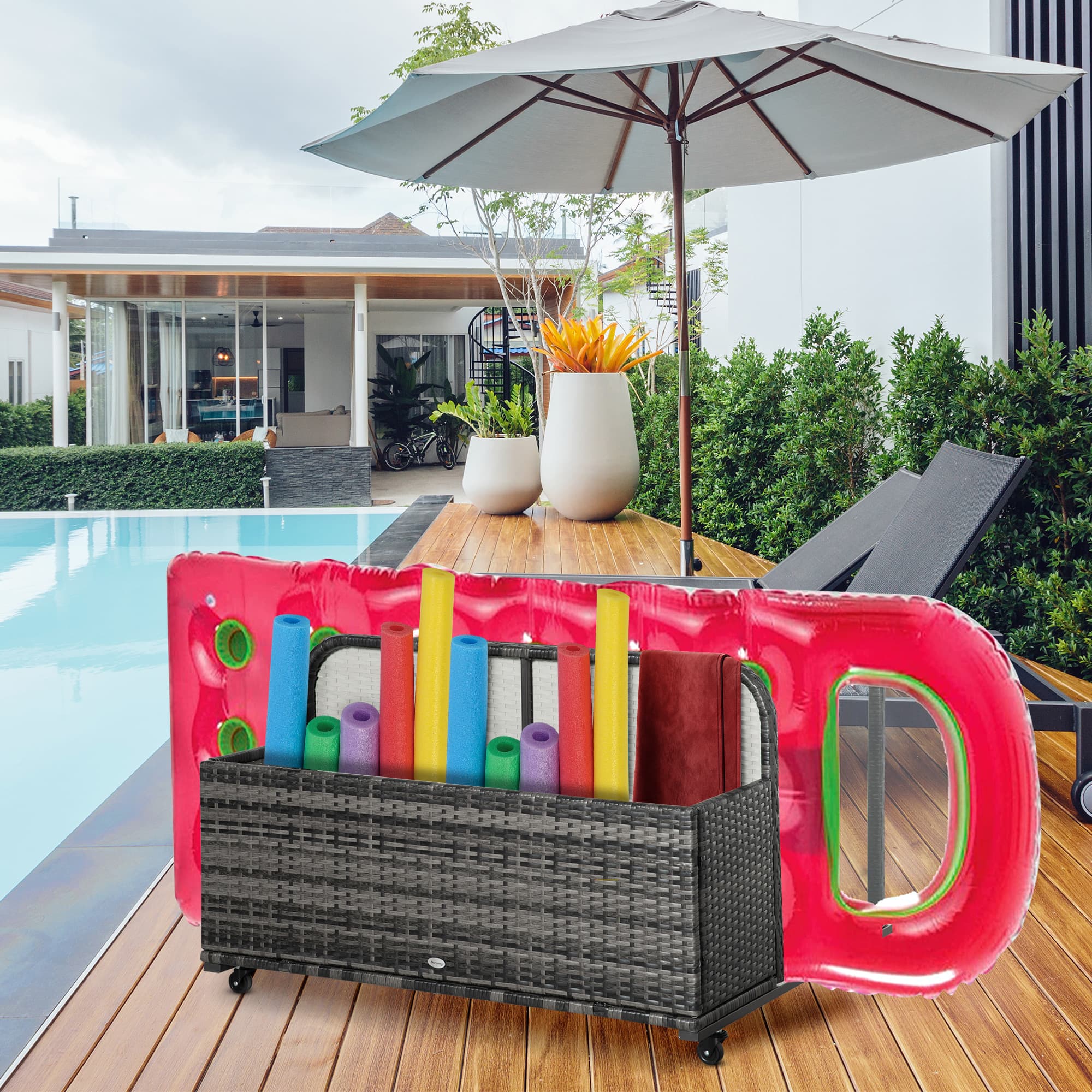 Outsunny Rattan Wicker Pool Storage Organizer Rolling for Floats Noodles Paddles Balls Towels Accessories Grey | Aosom Canada