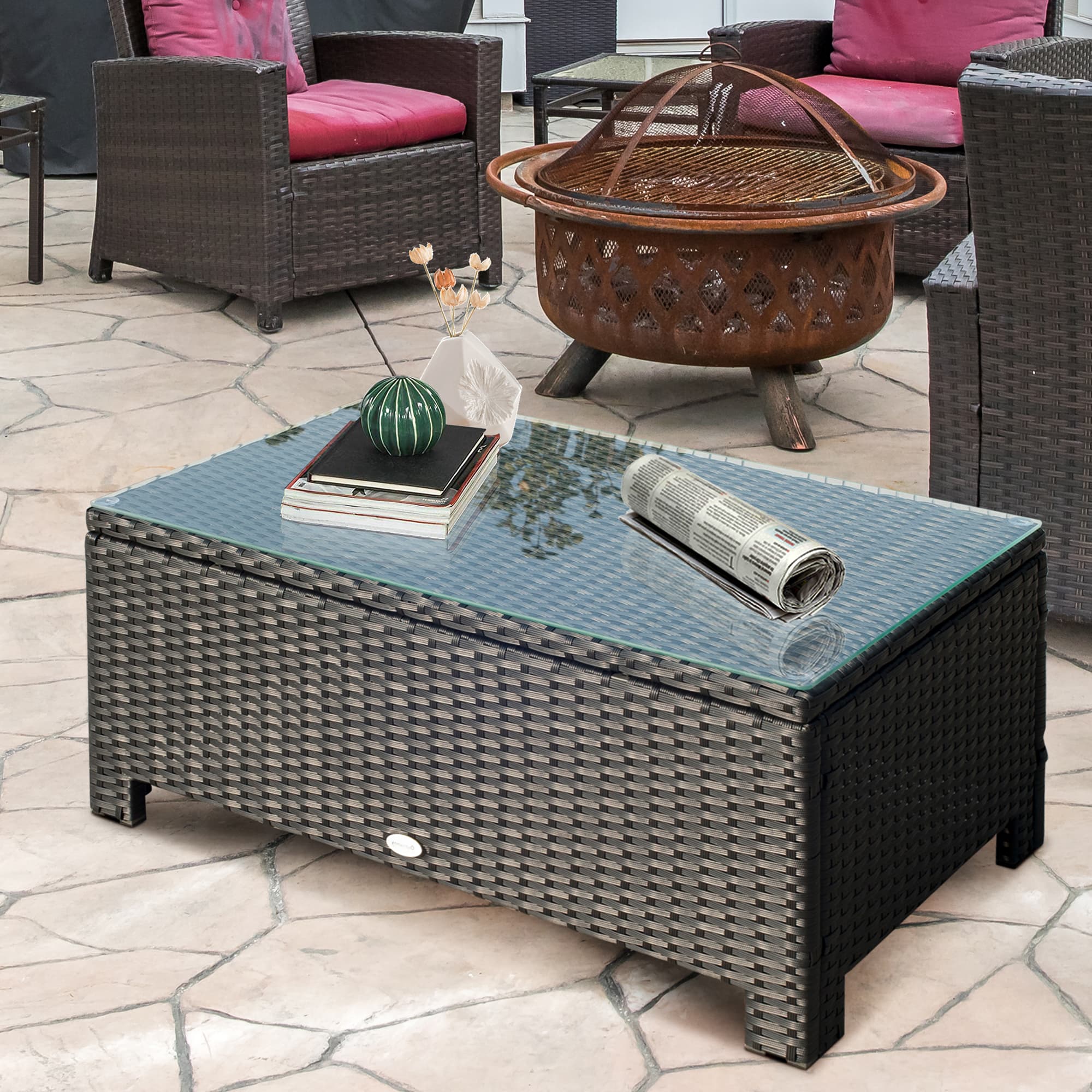 Outsunny Rattan Wicker Coffee Table with Glass Top - Black Outdoor Garden Patio Furniture | Aosom Canada