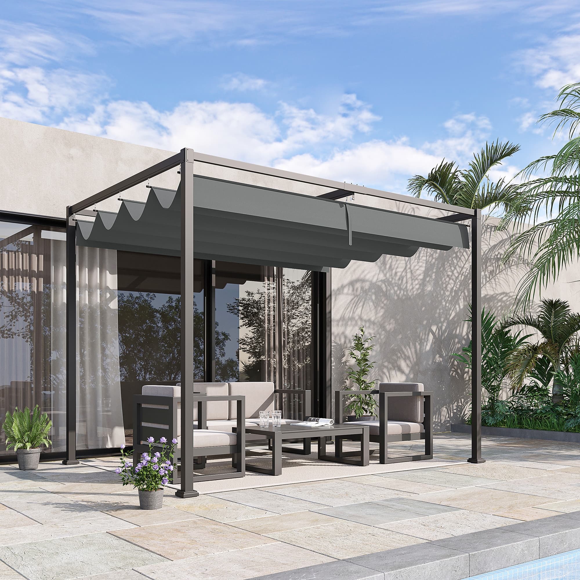 Outsunny Pergola with Retractable Roof 10x7ft with Retractable Canopy Outdoor Patio Sun Shelter Water-Proof Yard Shade Grape Tent | Aosom Canada