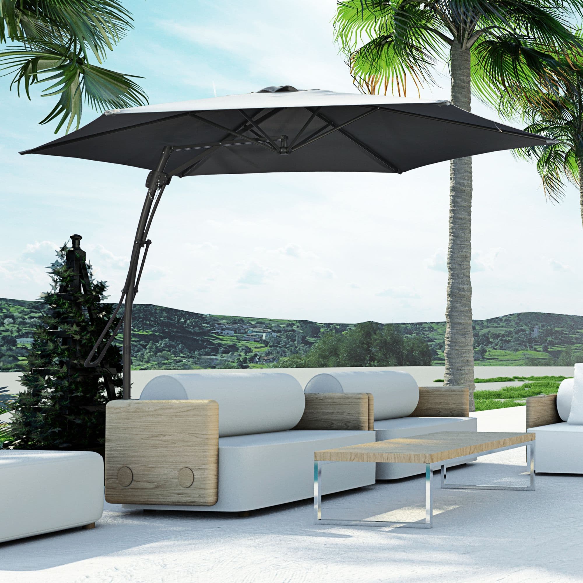 Outsunny 10ft Cantilever Patio Umbrella Offset Parasol with Crank Handle, Cross Base for Garden, Deck, Dark Grey | Aosom Canada