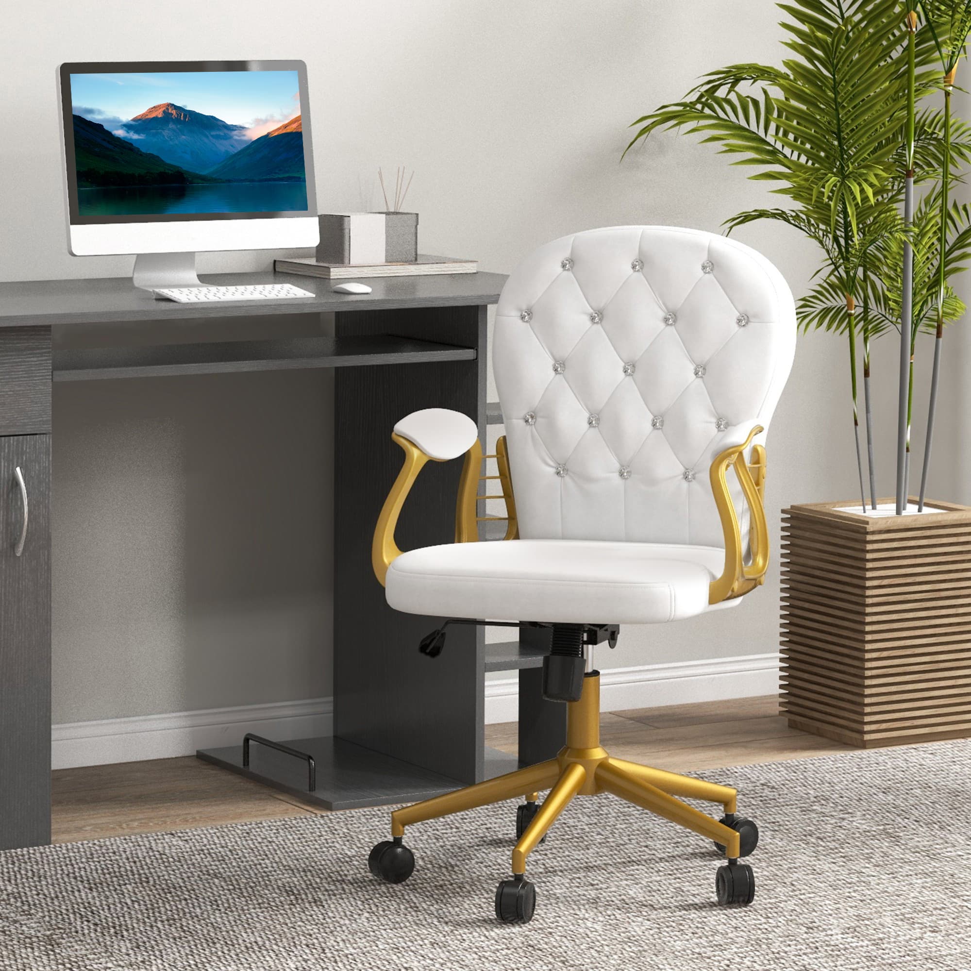 Vinsetto Velvet Desk Chair Button Tufted Swivel Adjustable Height Tilt Function Cream White | Aosom Canada