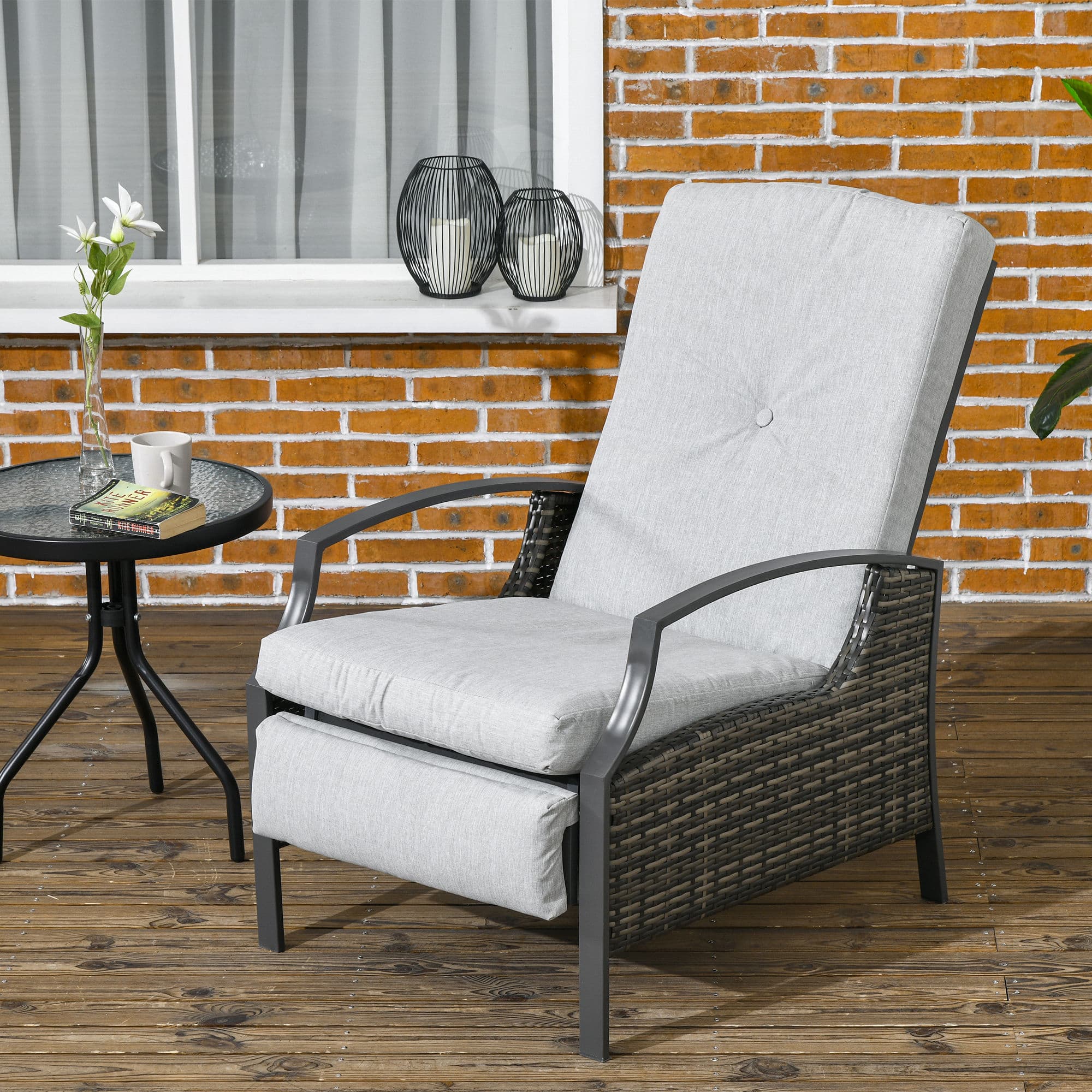 Outsunny Rattan Recliner Chair for Outside Wicker Reclining Chair with Adjustable Back Retractable Footrest Cushion Light Grey | Aosom Canada