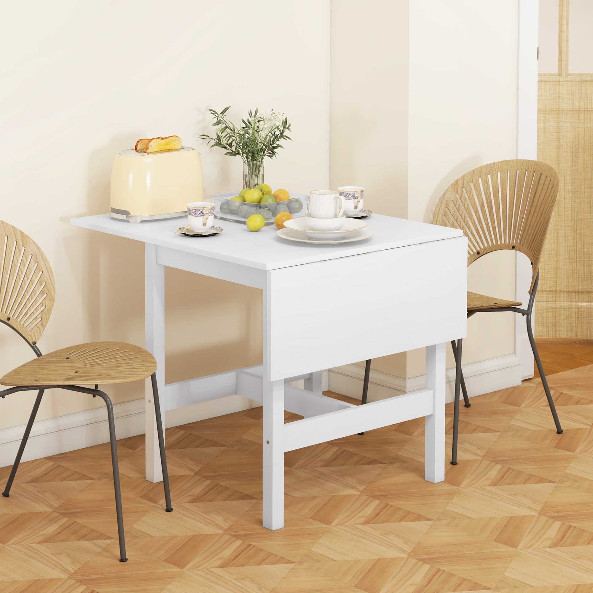 HOMCOM Solid Wood Kitchen Table, Farmhouse Drop Leaf Tables for Small Spaces, Folding Dining Table, White | Aosom Canada