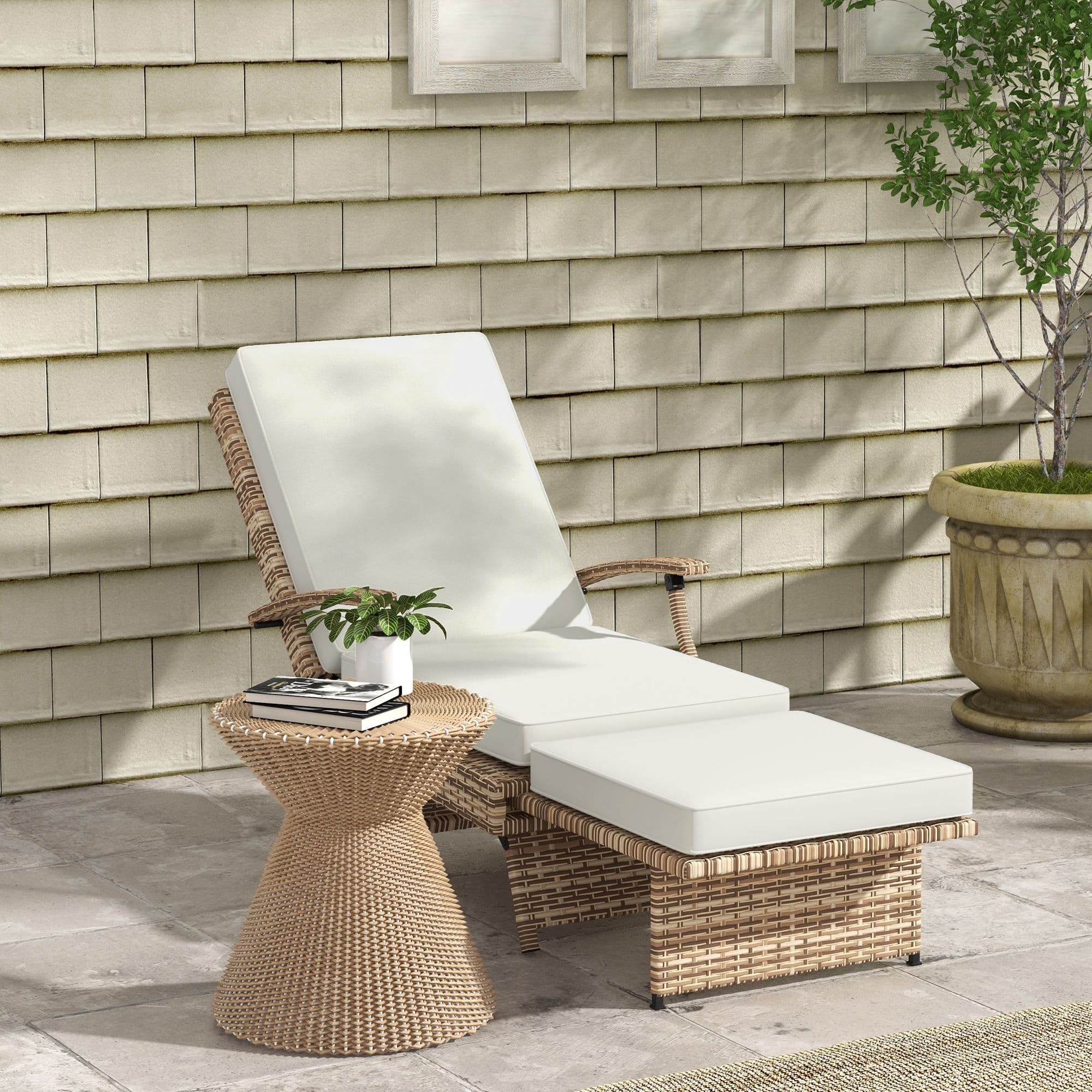 Outsunny Outdoor Wicker Foldable Recliner Chair with Retractable Footrest, Cushion, White | Aosom Canada