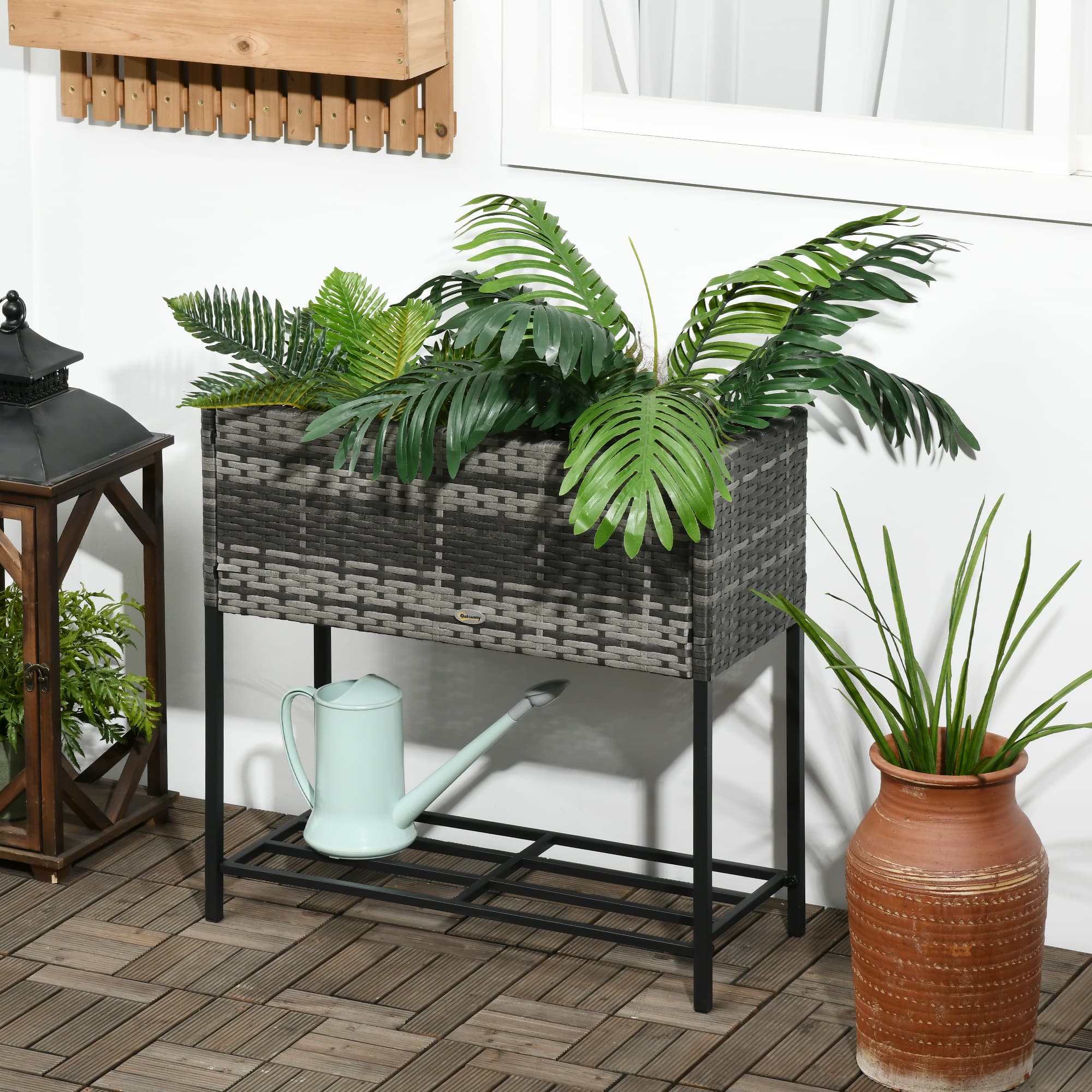 Outsunny Rattan Raised Garden Bed - Elevated Planter Boxes with Storage Shelf for Herbs, Vegetables, Grey | Aosom Canada