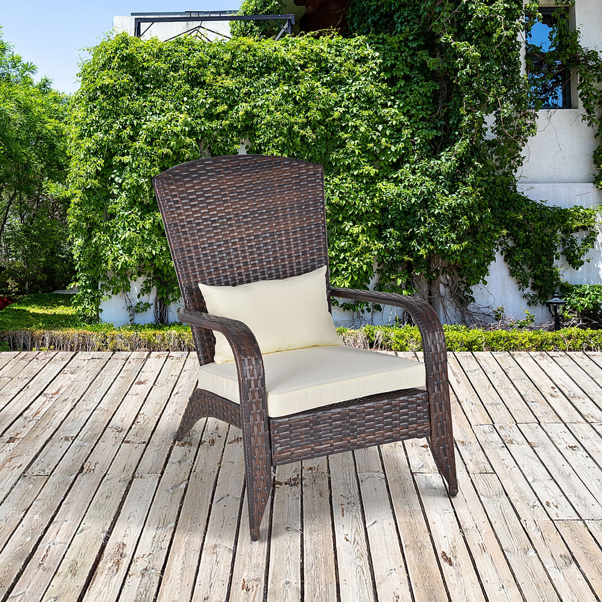 Outsunny White Rattan Adirondack Deck Chair Outdoor Classic Armrest Lounge Chair with Cushion | Aosom Canada
