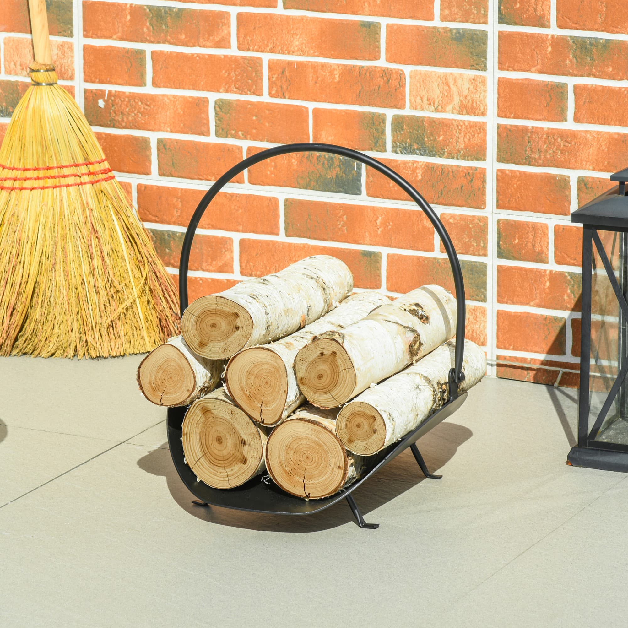 Outsunny Fireside Flair: 16" Curved Firewood Log Rack, Fireplace Wood Storage Basket Carrier with Handle, Indoor Outdoor, Black | Aosom Canada