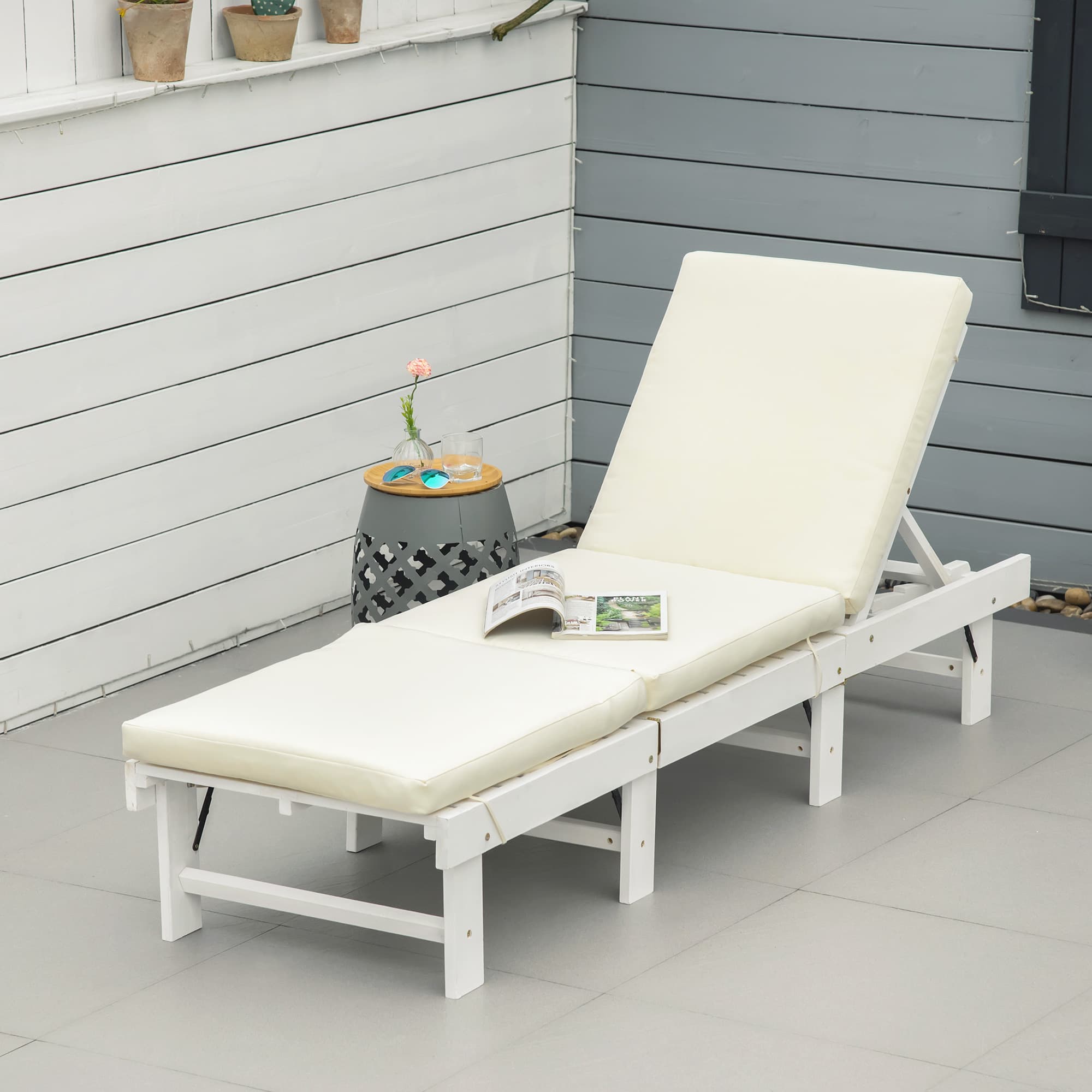 Outsunny Sun Lounger Foldable Wooden Outdoor Garden Chair with 4-Position Adjustable Back and Soft Cushion White | Aosom Canada