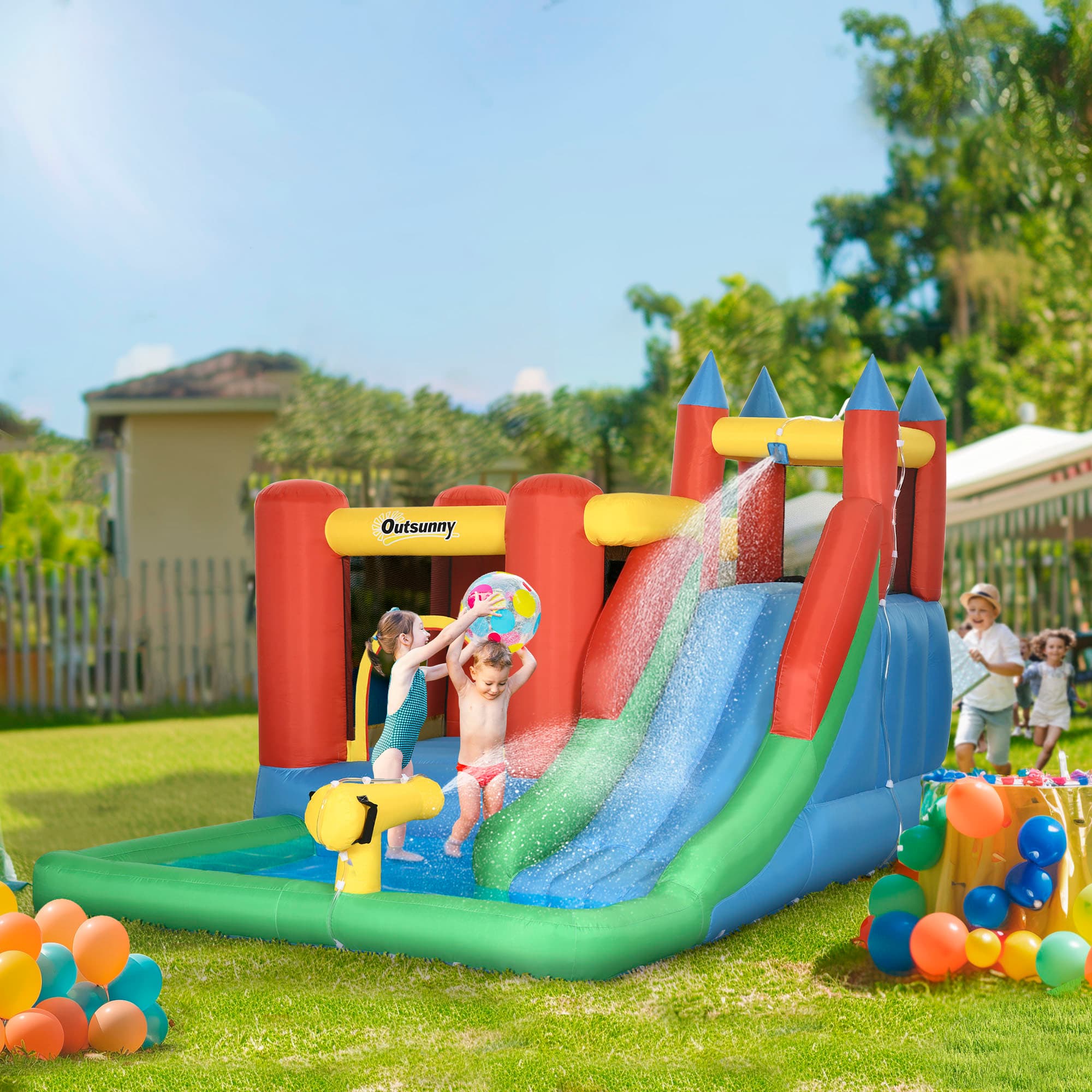 Outsunny 6-in-1 Inflatable Bouncy Castle with Pool, Water Slide, Trampoline for Kids 3-10 Years - Includes Inflator | Aosom Canada
