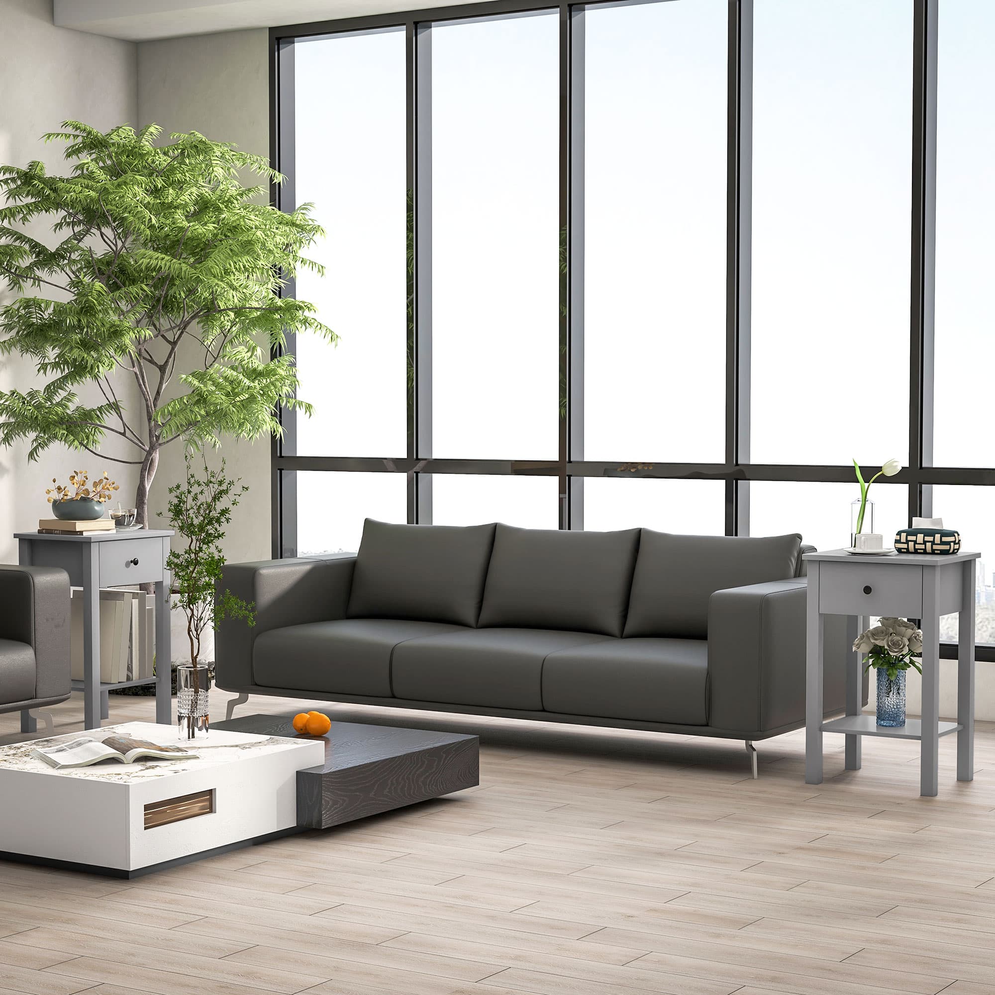HOMCOM End Tables Set of 2 Side Tables with Drawer Shelf for Bedroom Living Room Grey | Aosom Canada
