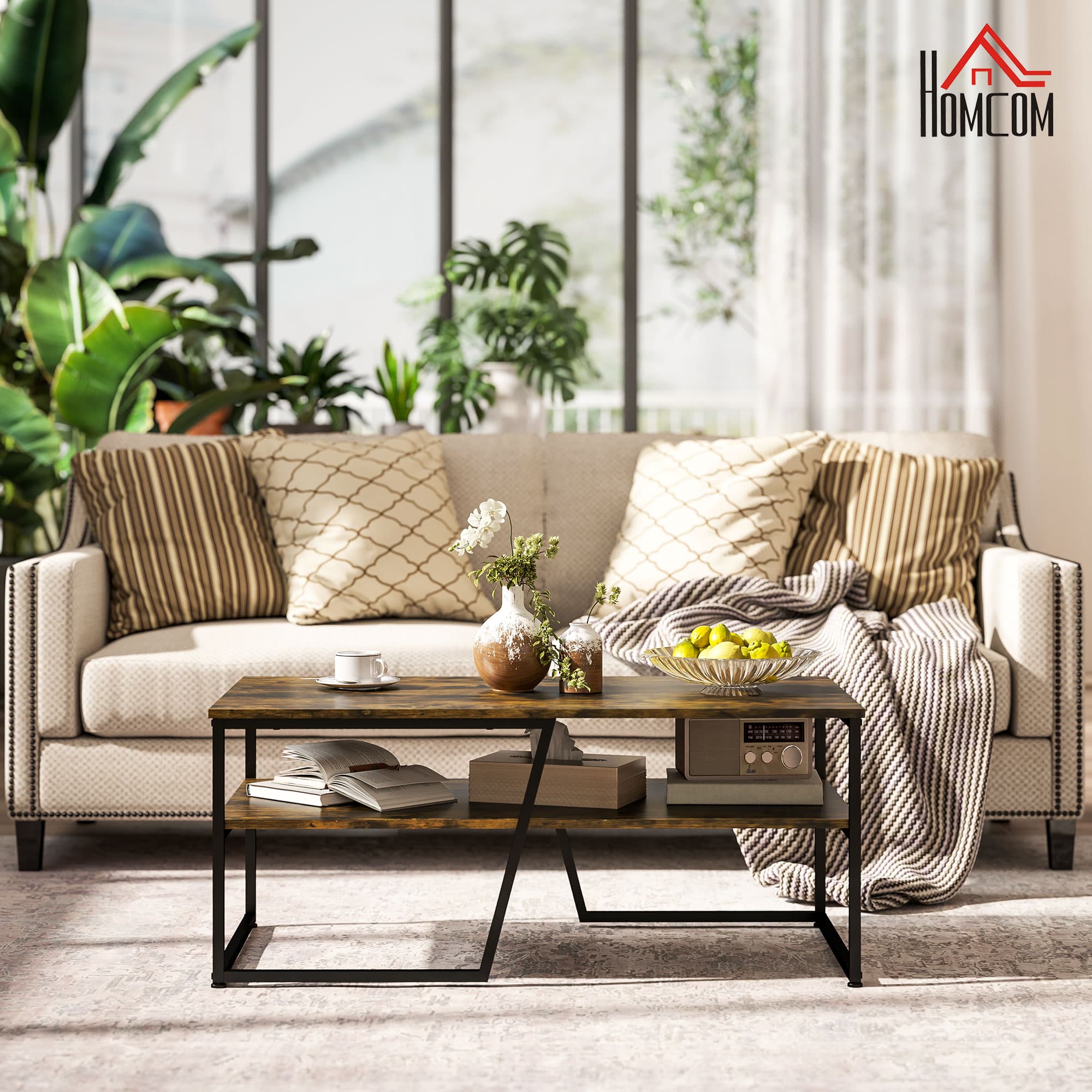 HOMCOM Rustic Brown Coffee Table with Shelf: Center Table with Steel Frame, Adjustable Foot Pads for Living Room | Aosom Canada