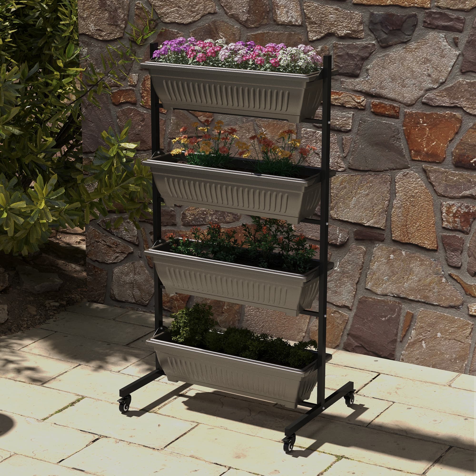 Outsunny 4-Tier Vertical Garden Planter with Wheels 4 Boxes Outdoor Plant Stand for Vegetables Flowers Brown | Aosom Canada