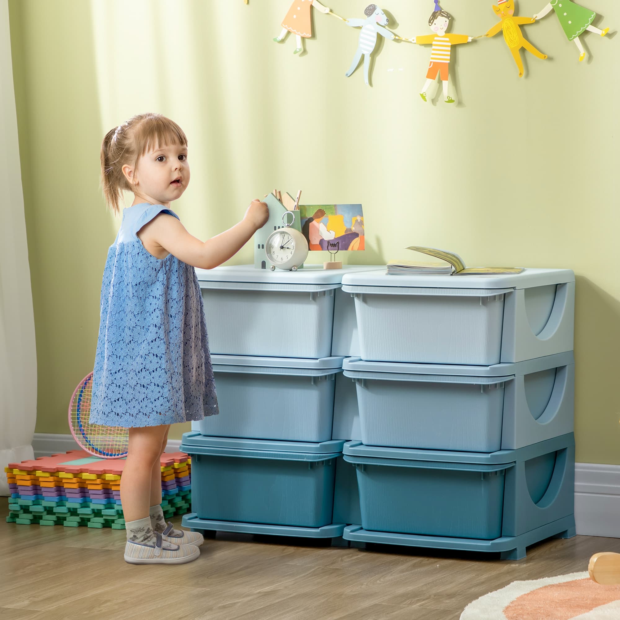 Qaba 3 Tier Kids Toy Organizer and Storage Bins with 6 Plastic Drawers, Blue | Aosom Canada