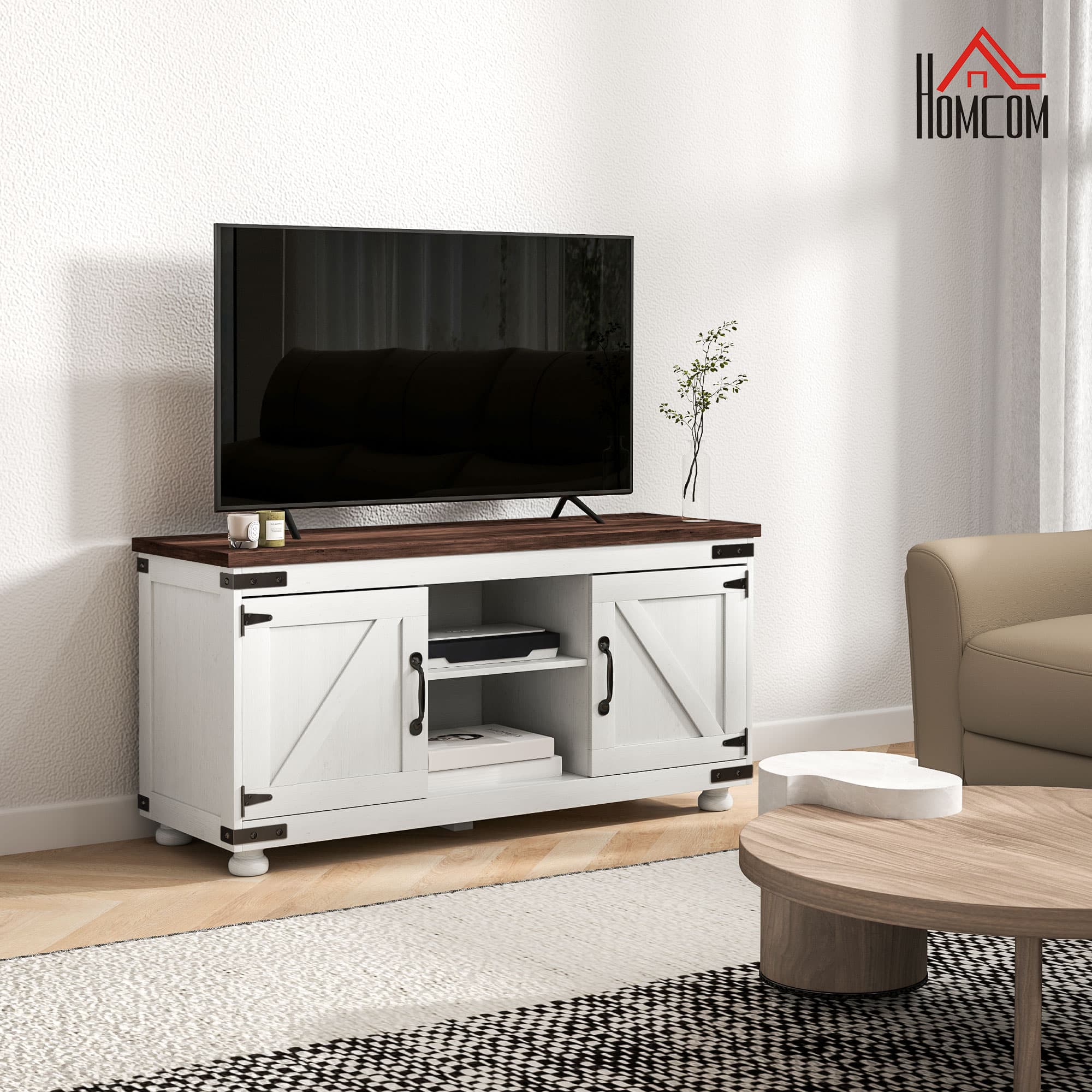HOMCOM Farmhouse TV Stand for TVs up to 50" Barn Doors Cable Management Living Room Distressed White | Aosom Canada