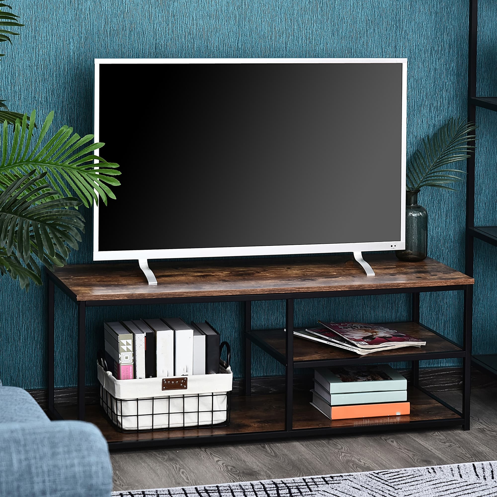 HOMCOM Industrial Chic: TV Stand with Metal Frame, 2 Shelves, and Storage Cabinet, Perfect for Living Room Decor | Aosom Canada