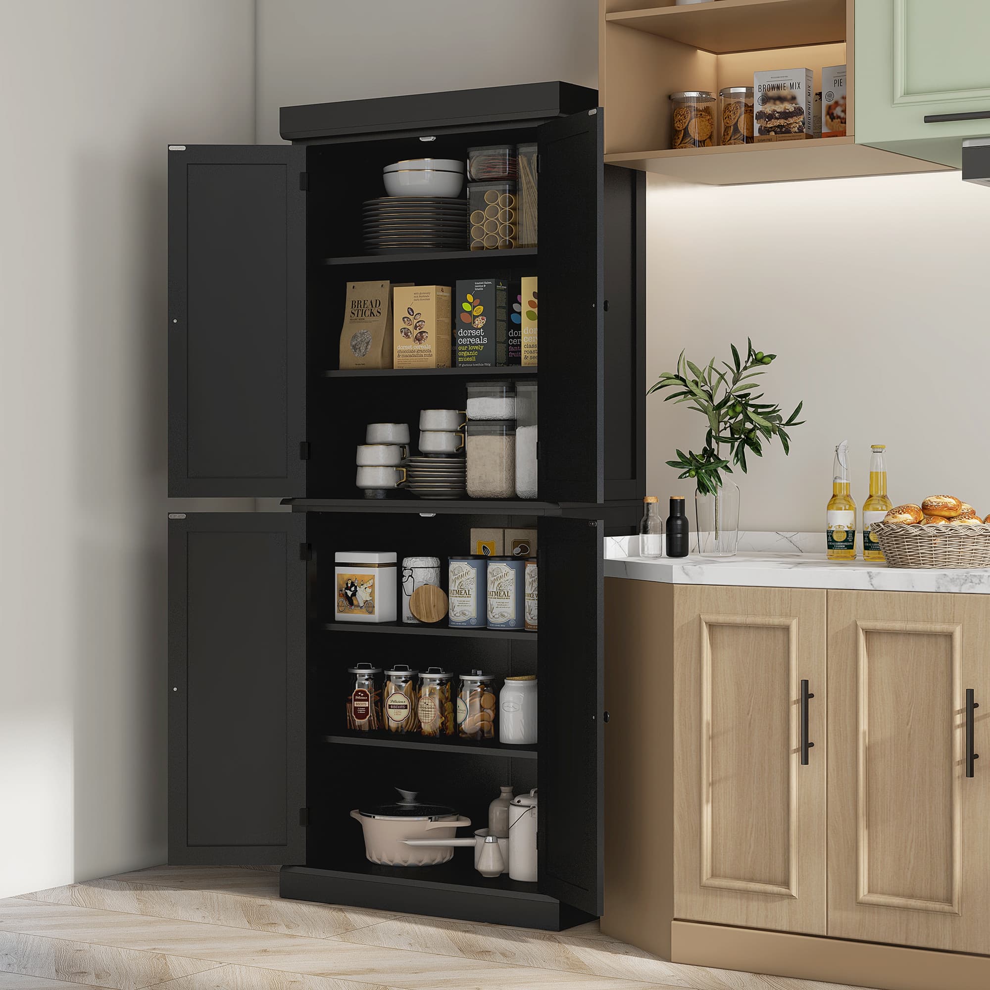 HOMCOM Black Modern Pantry Cabinet: Freestanding 4-Door Kitchen Storage Organizer with 6-Tier and 4 Adjustable Shelves | Aosom Canada