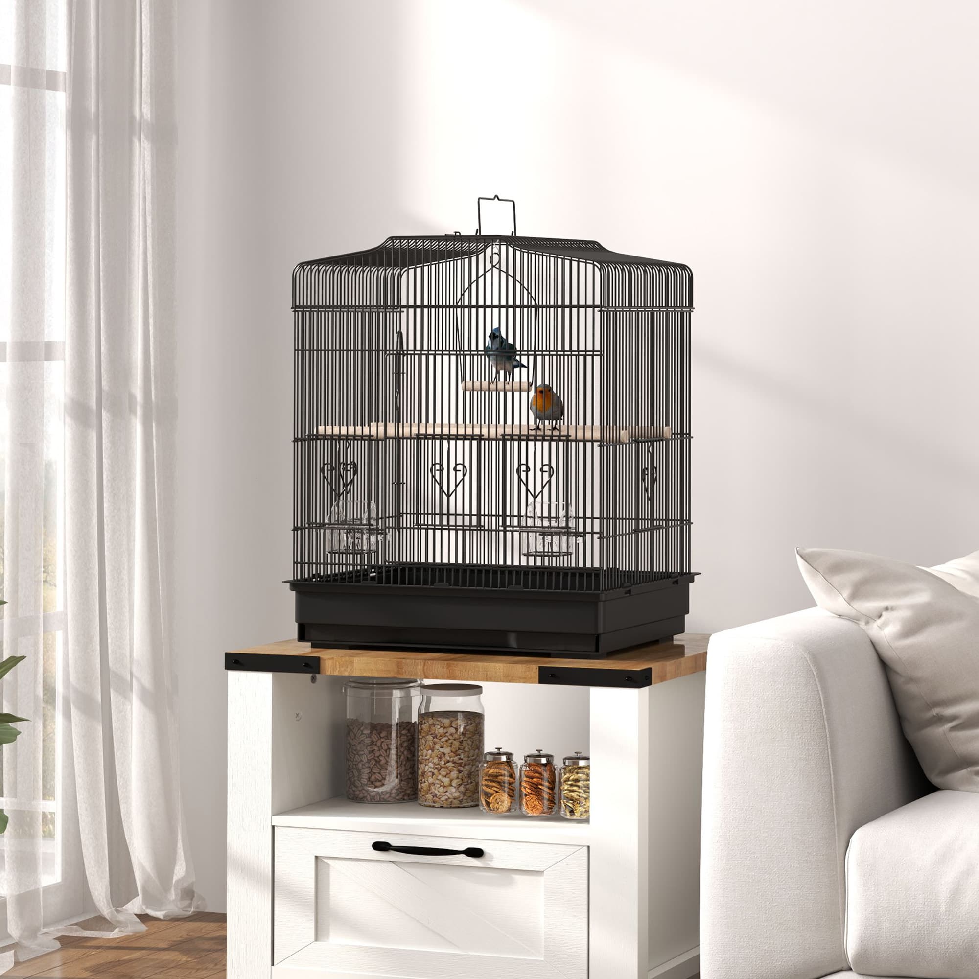 PawHut 23" Bird Cage, Finches Canaries, Parrot Cage with Doors Perches, 2 Feeder Pet Supplies, Black | Aosom Canada