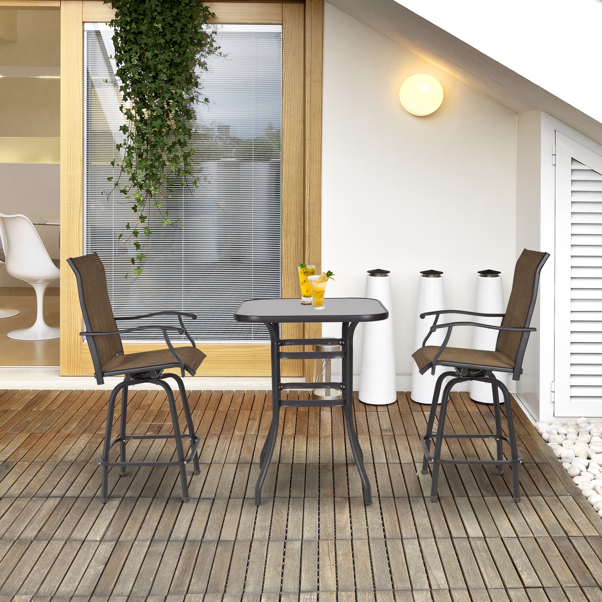 Outsunny 3 Piece Outdoor Patio Bar Set 2 Swivel Stool and 1 Bistro Table All-Weather Metal Frame for Balcony Backyard Deck Brown | Aosom Canada