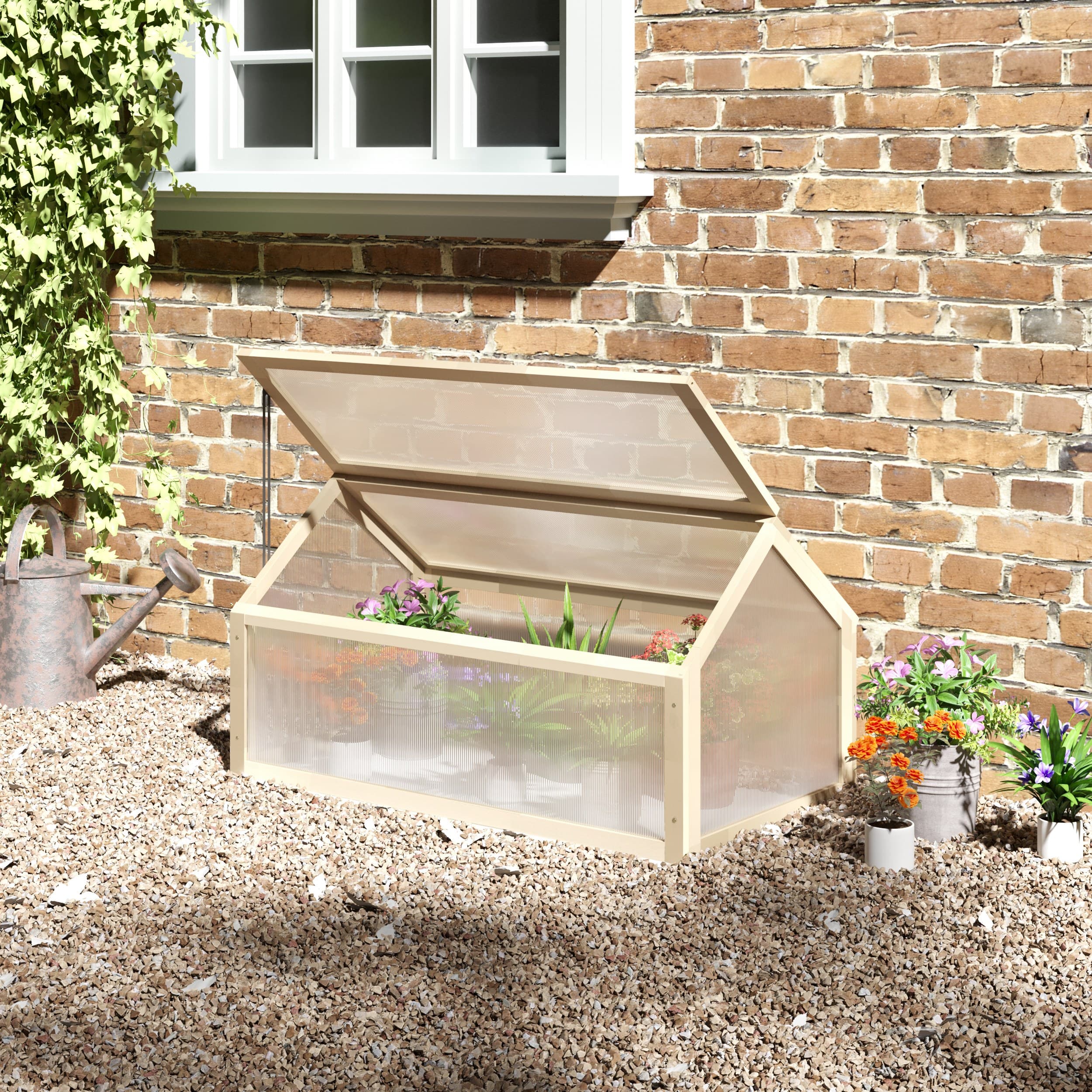 Outsunny Wooden Cold Frame Greenhouse Garden Portable Raised Planter with Openable Top 35.5" x 20.5" x 19.5" Natural Wood | Aosom Canada