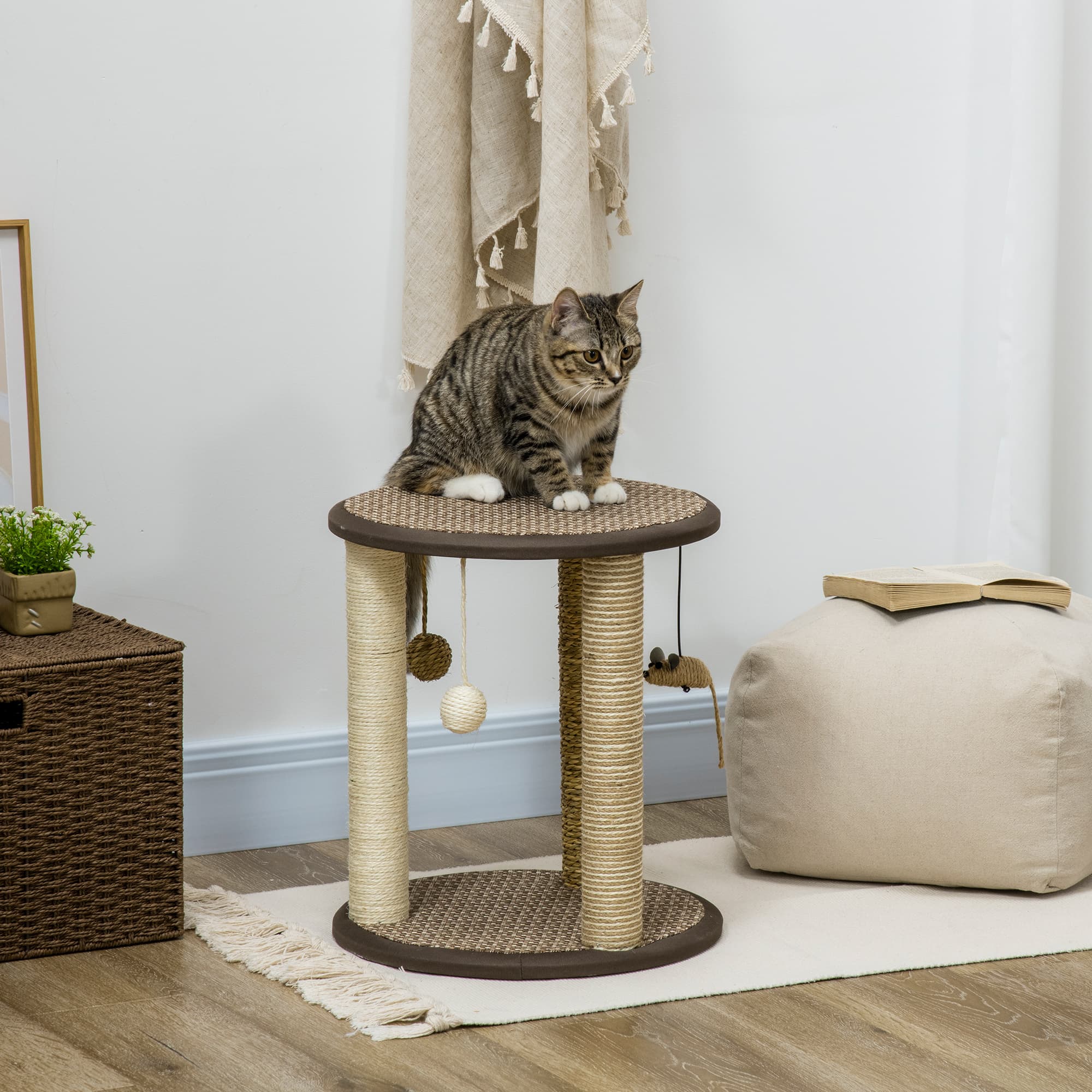 PawHut Petite Playtime: 17" Cat Tree Activity Centre with Hanging Toys, Jute Sisal Seagrass Scratching Post, Brown Bliss | Aosom Canada