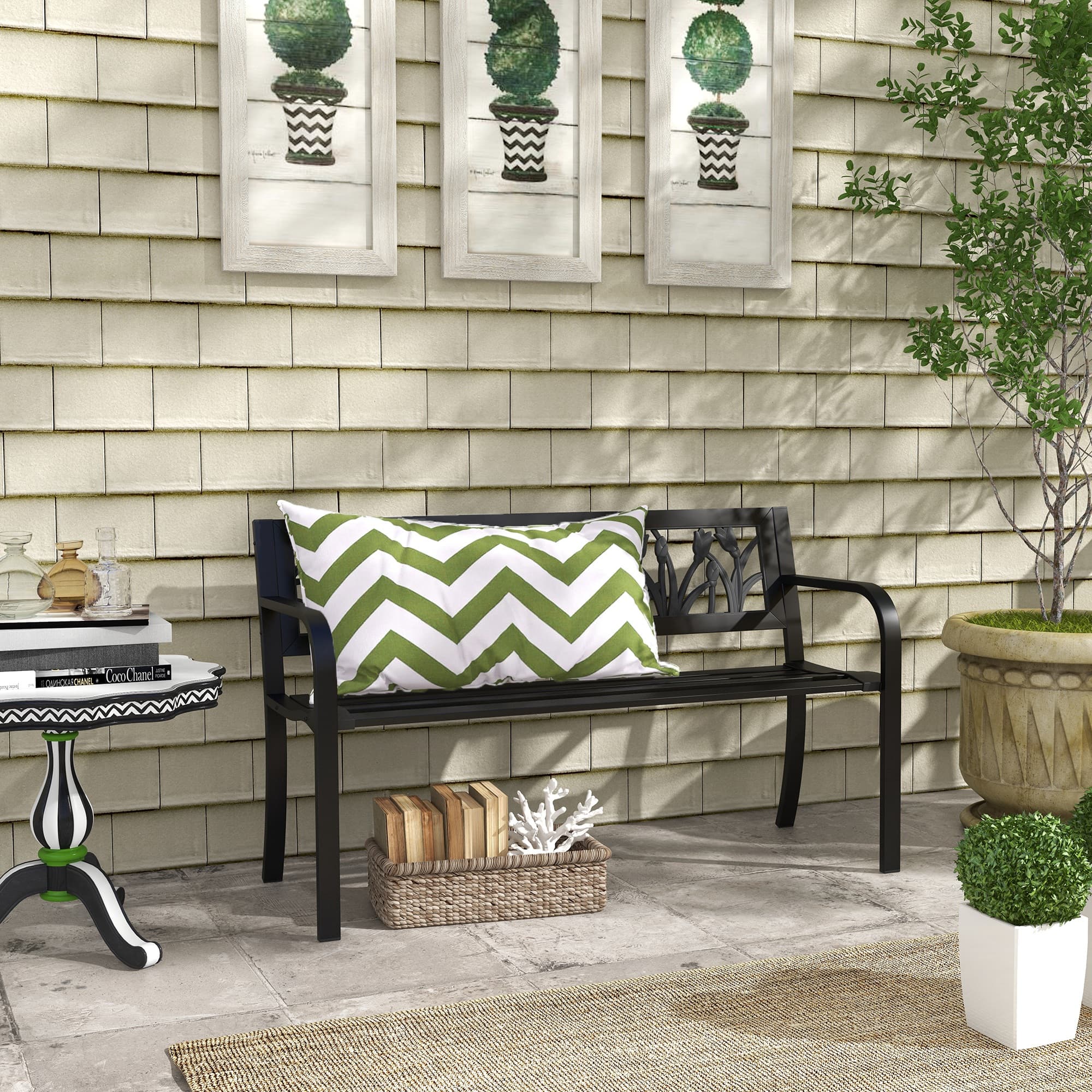 Outsunny 49" Metal Outdoor Bench Patio Bench with Curved Arms and Slatted Seat for Patio, Backyard, Lawn | Aosom Canada