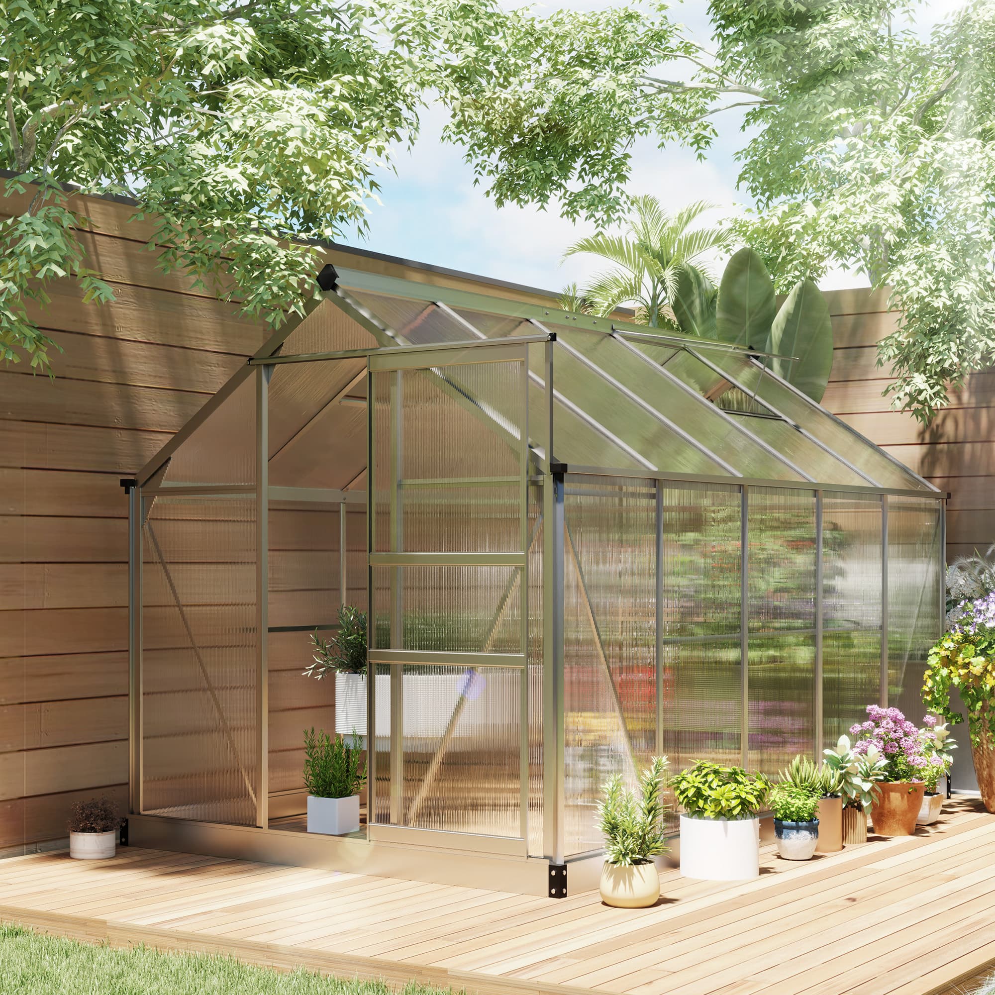 Outsunny 6' x 10' x 6.6' Polycarbonate Greenhouse, Walk-In Green House Kit Garden, Plants Grow with Rain Gutter | Aosom Canada