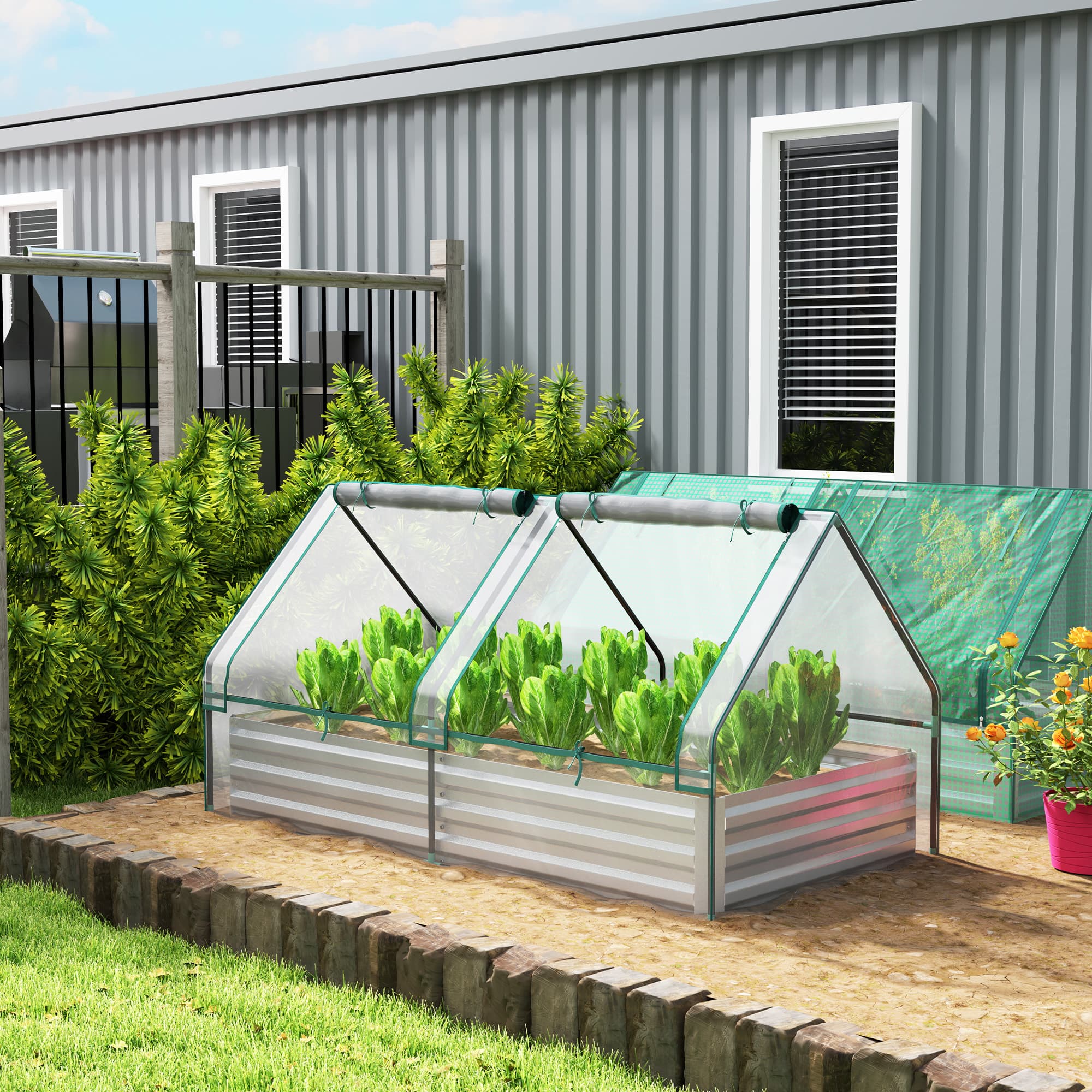 Outsunny 6' x 3' Metal Planter Box with Cover, Raised Garden Bed with Mini Greenhouse for Herbs, Vegetables, Clear and Silver | Aosom Canada