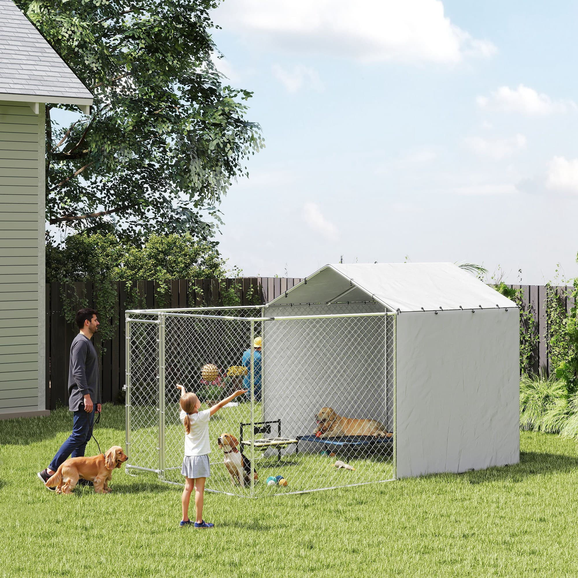 PawHut Galvanized Steel Dog Kennel Outdoor with Waterproof & UV-Resistant Cover for Large Dogs, 13.1' x 7.5' x 7.5' | Aosom Canada