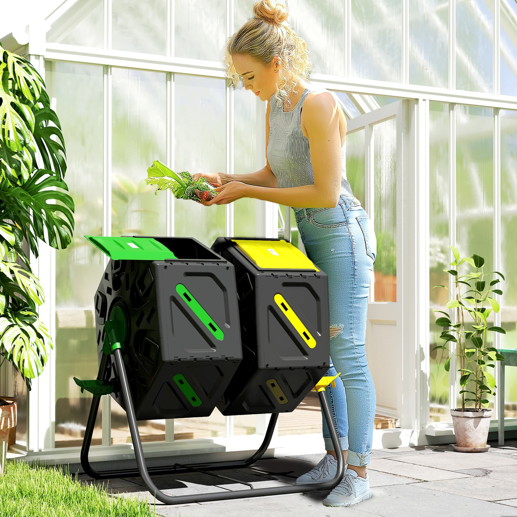 Outsunny Rotating Composter, Dual Chamber Compost Bin with 24 Vents and Steel Legs, 34.5 Gallon, Yellow and Green | Aosom Canada