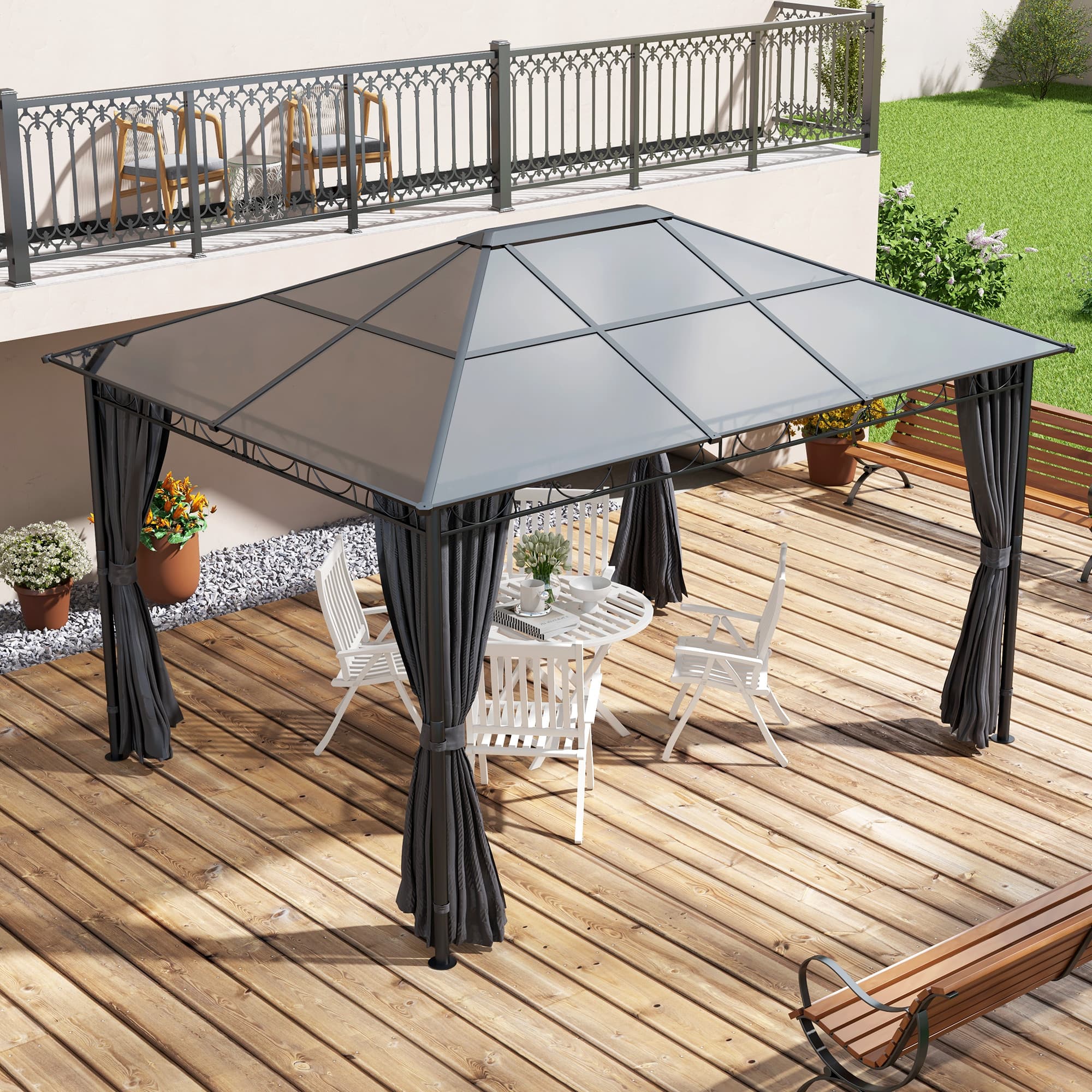 Outsunny 10' x 10' Polycarbonate Hardtop Gazebo Canopy, Outdoor Patio Gazebo with Aluminum Frame & Curtains, Dark Grey | Aosom Canada