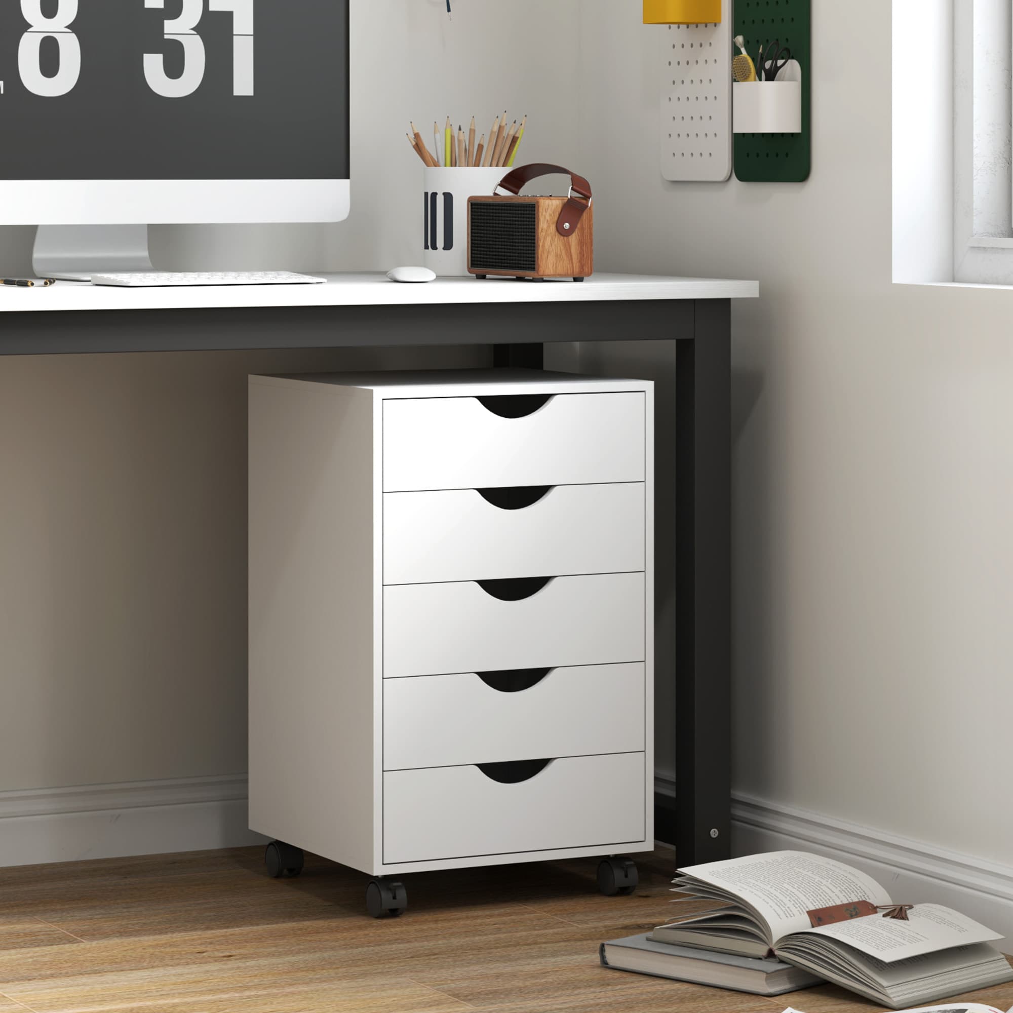 HOMCOM File Cabinet with 5 Drawer Wheels, 15.7" x 15.7" x 26.4", White | Aosom Canada