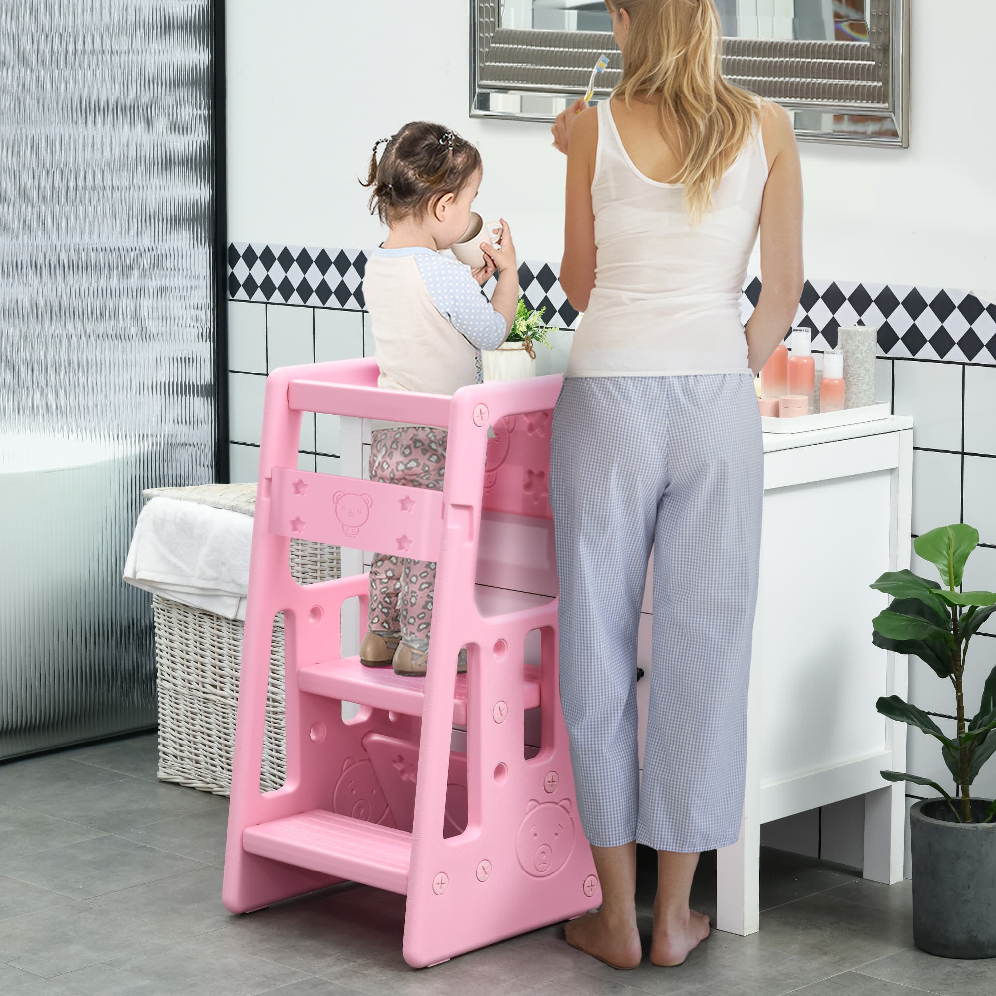 Qaba Toddler Kitchen Helper 2 Step Stool with Adjustable Height Platform and Safety Rail, Pink | Aosom Canada