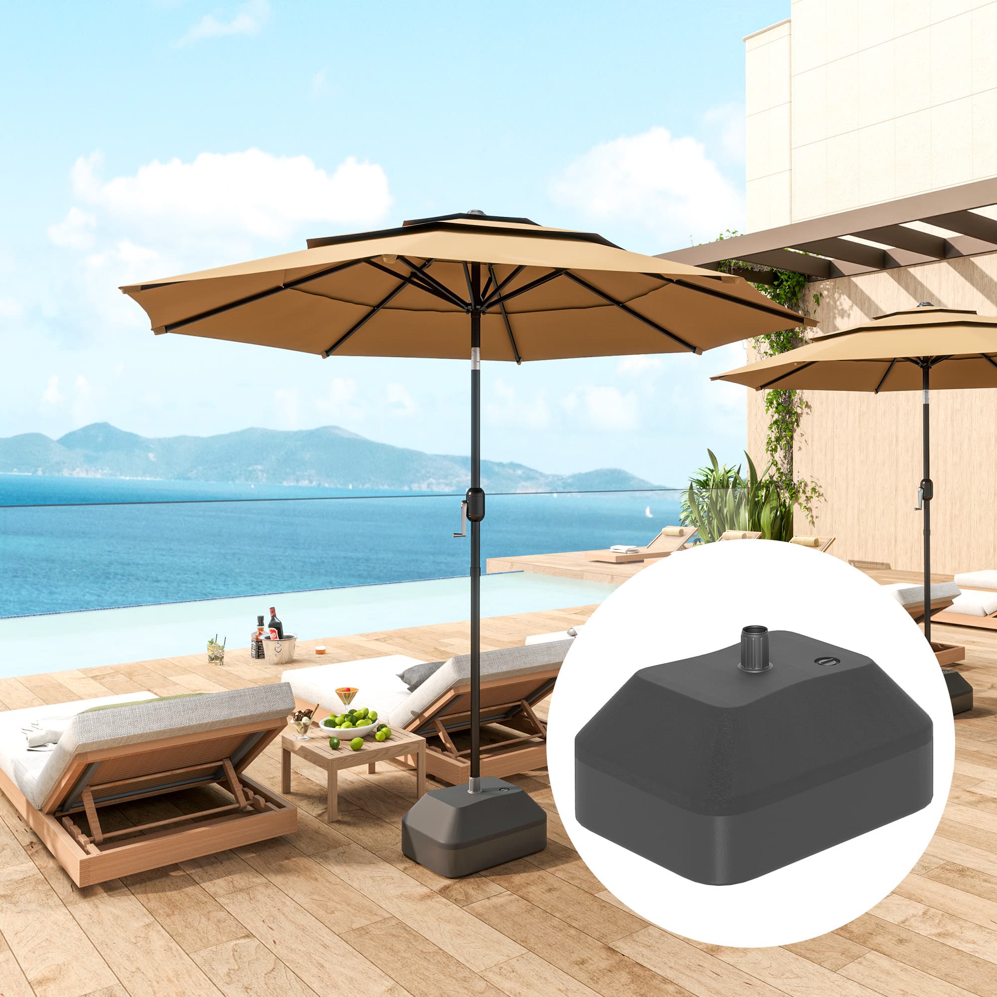 Outsunny Fillable Patio Umbrella Base Filled Up to 53lbs with Stand or 44lbs with Water for Deck Poolside, Black | Aosom Canada