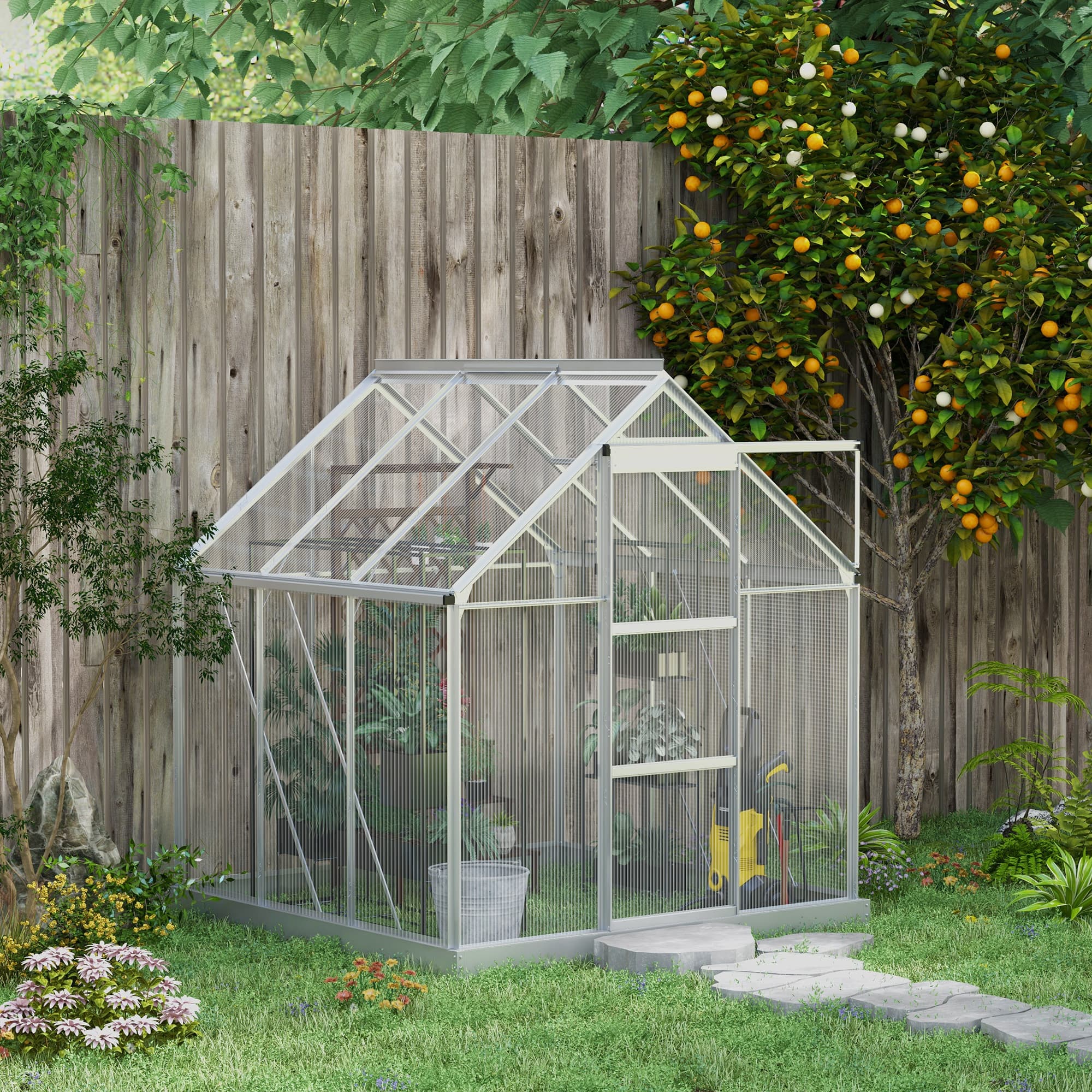 Outsunny Walk-In Greenhouse 6' x 6' Polycarbonate Aluminium Frame Sliding Door Window Foundation Silver | Aosom Canada