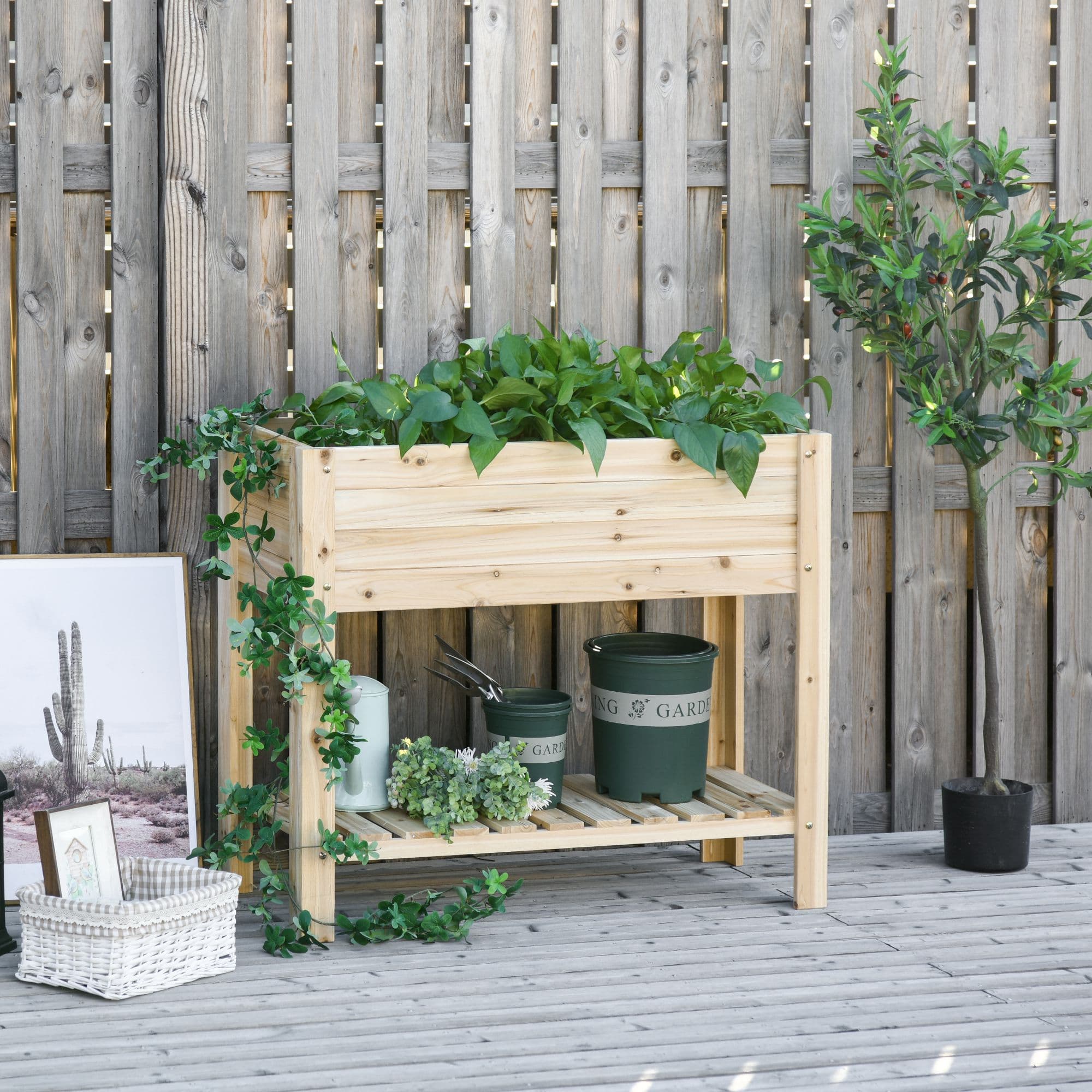 Outsunny Raised Garden Bed with Legs, Elevated Box Planter with Storage Shelf, Bed Liner for Backyard Patio, Natural Wood | Aosom Canada