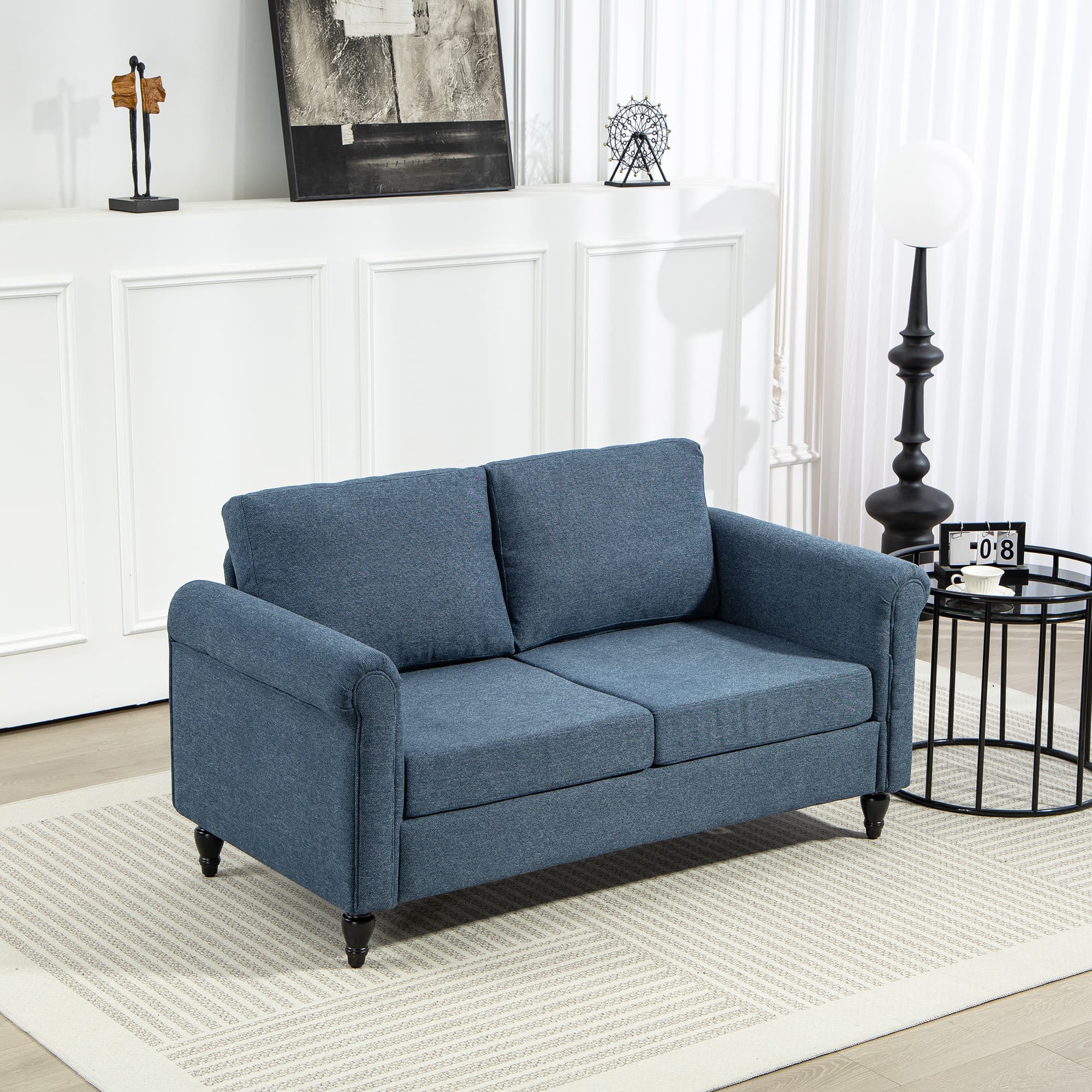 HOMCOM Vintage Loveseat, Upholstered Love Seat Furniture, Fabric 2 Seater Sofa with Rolled Arms, Rubber Wood Legs, Dark Blue | Aosom Canada